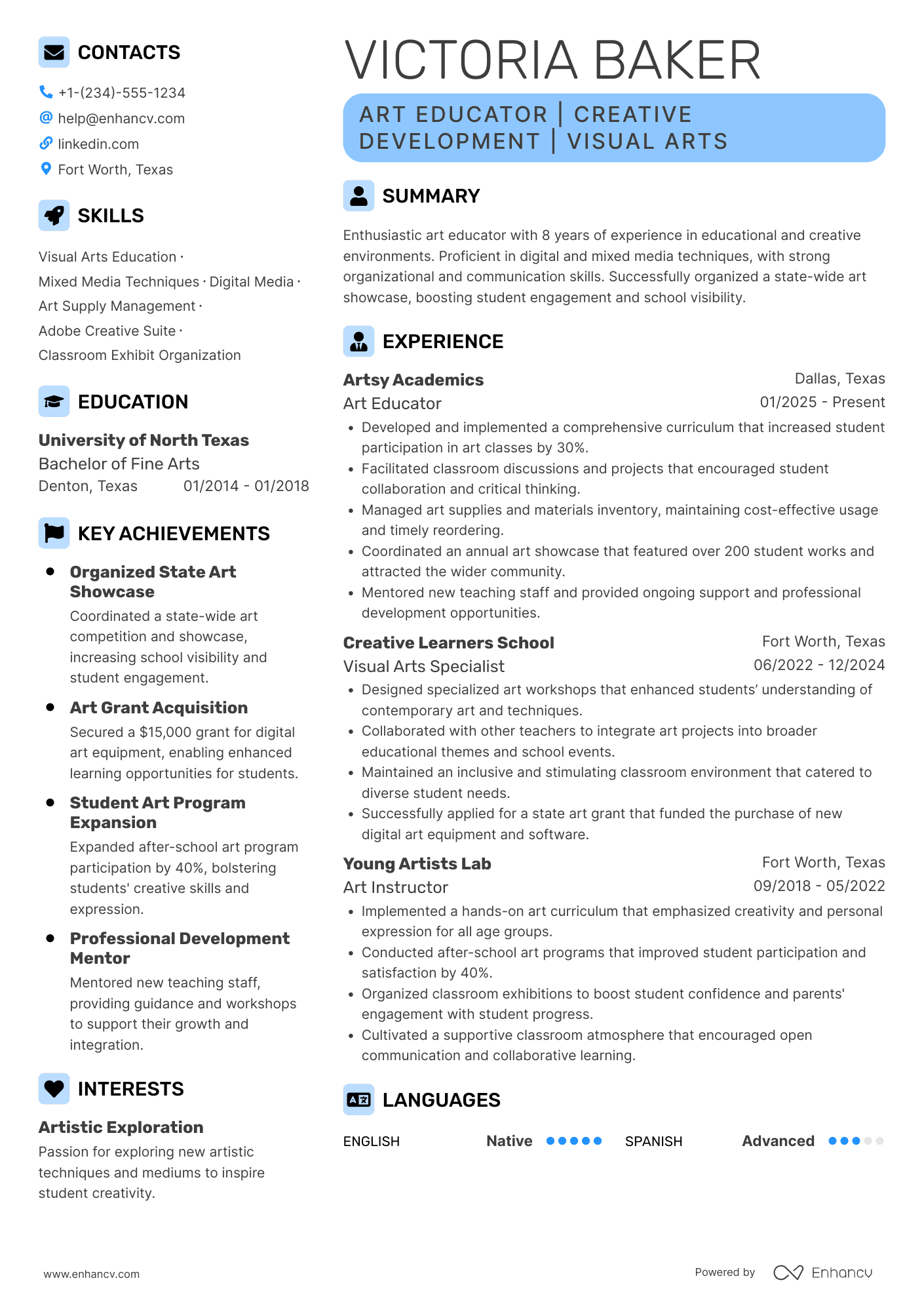 A resume example of a Art Teacher Assistant