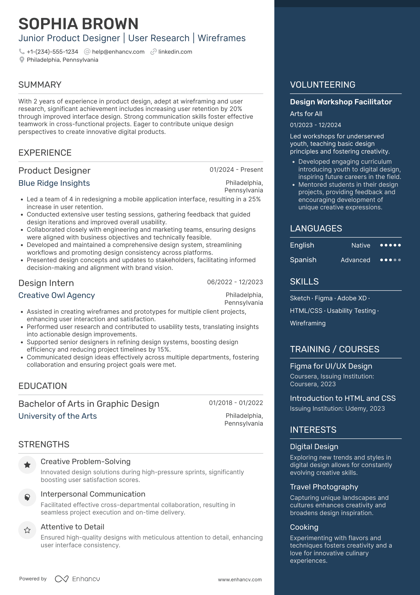 A resume example of a Junior Product Designer