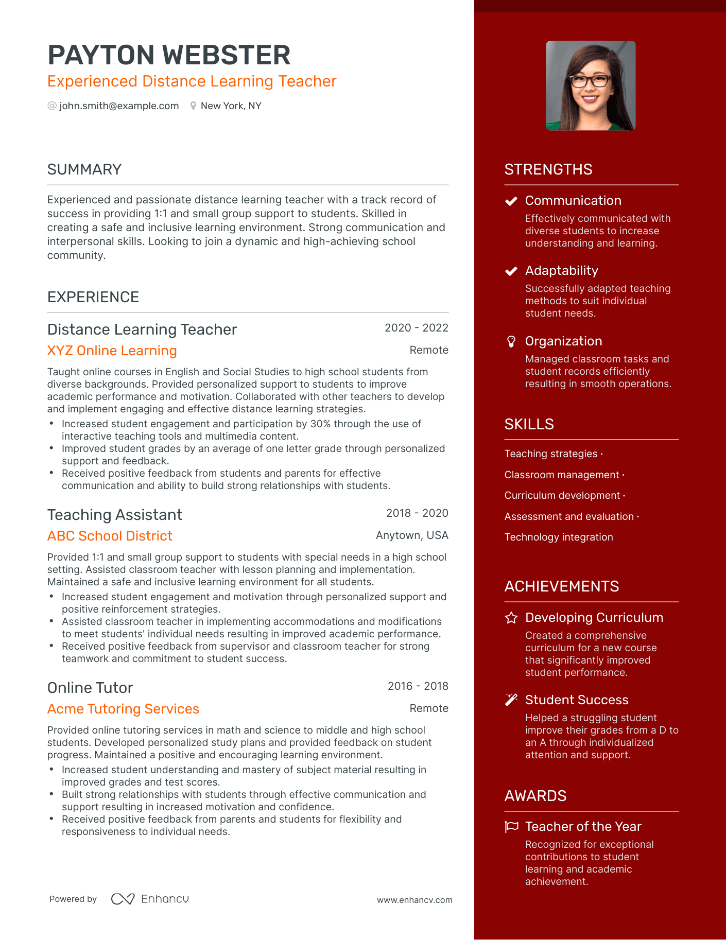 One Page Distance Learning Teacher Resume Template