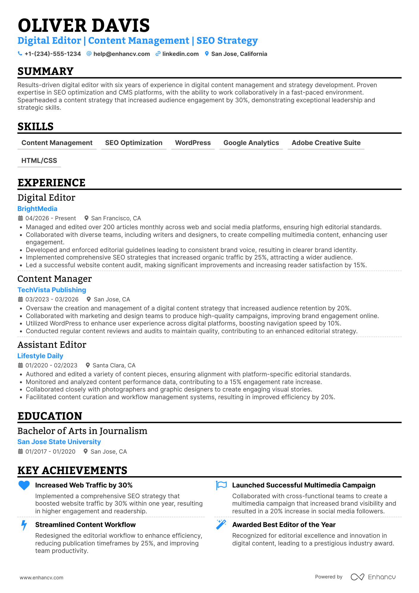 A resume example of a Digital Editor
