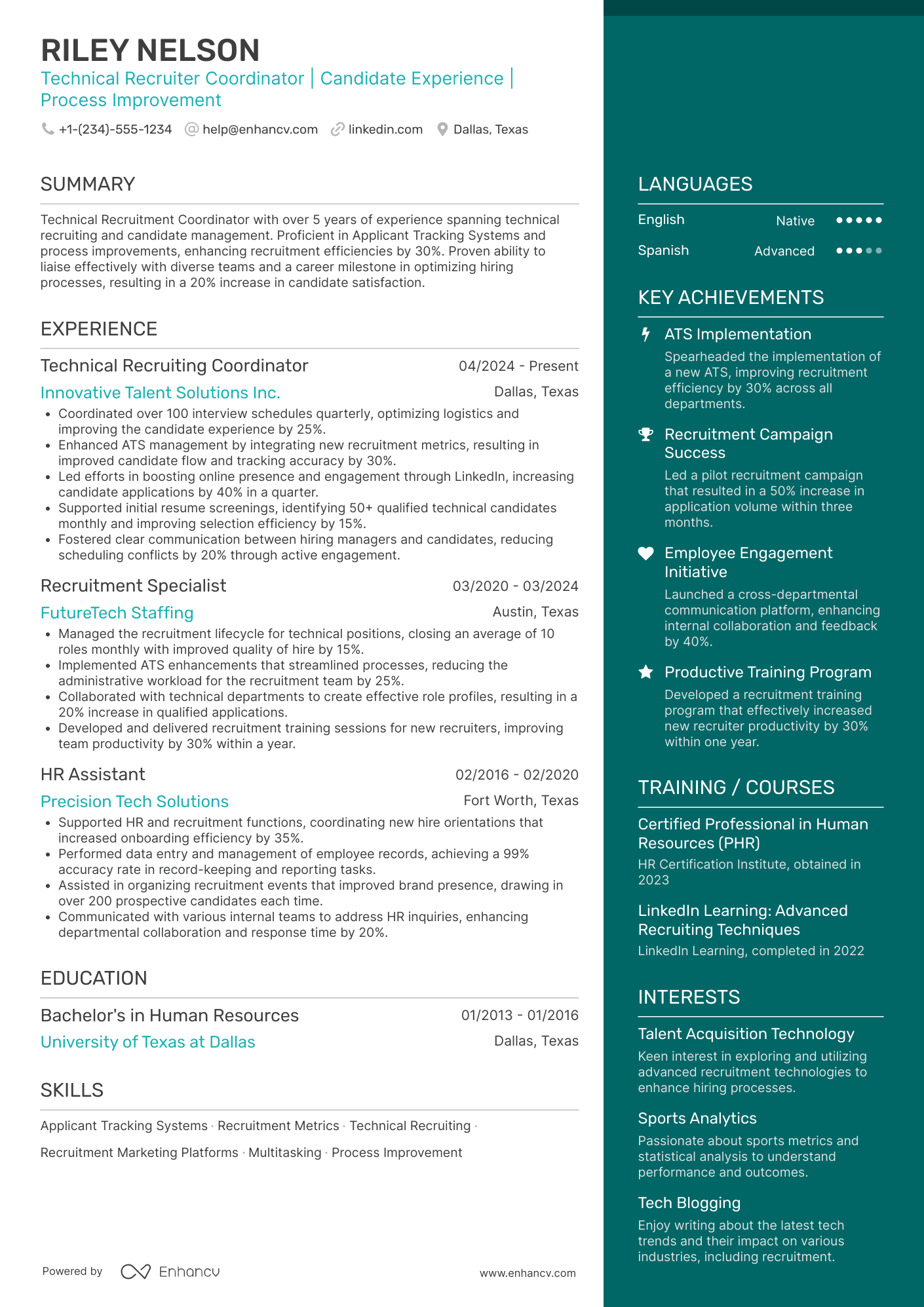 A resume example of a Technical Recruiting Coordinator