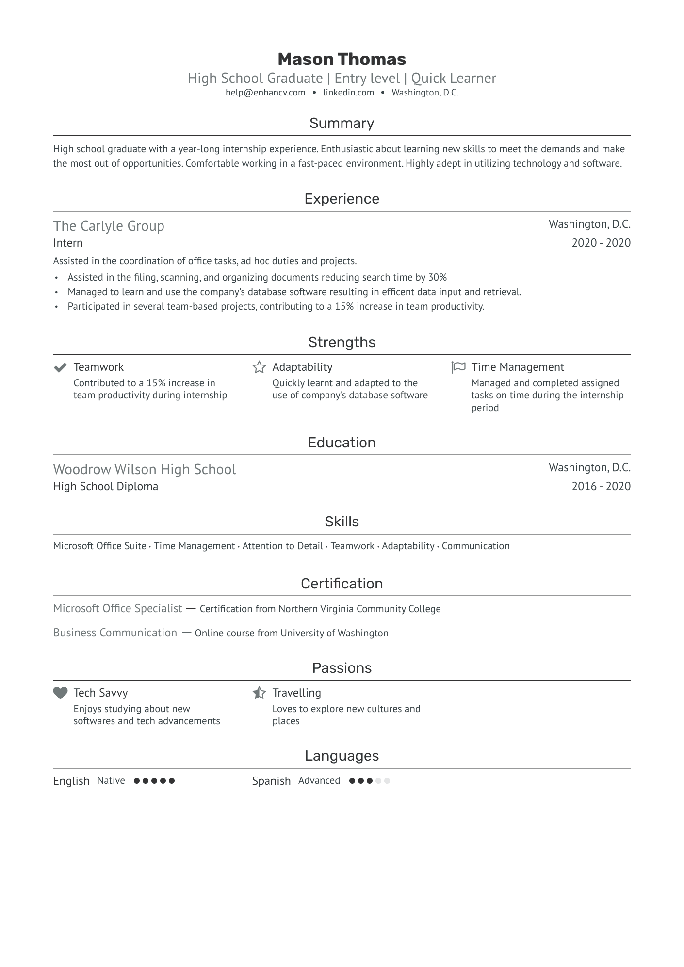 summary for resume for high school students