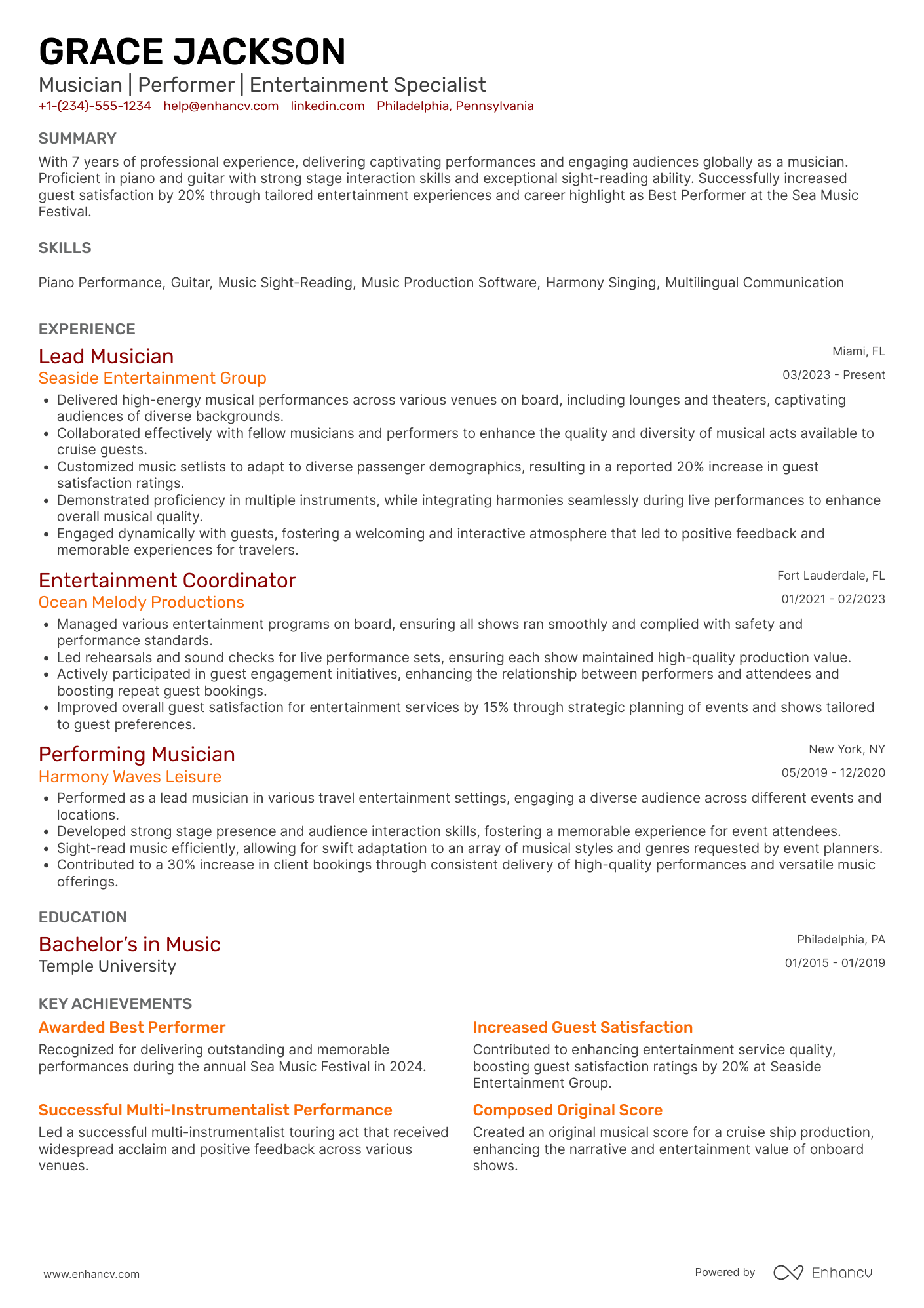 A resume example of a Cruise Ship Musician