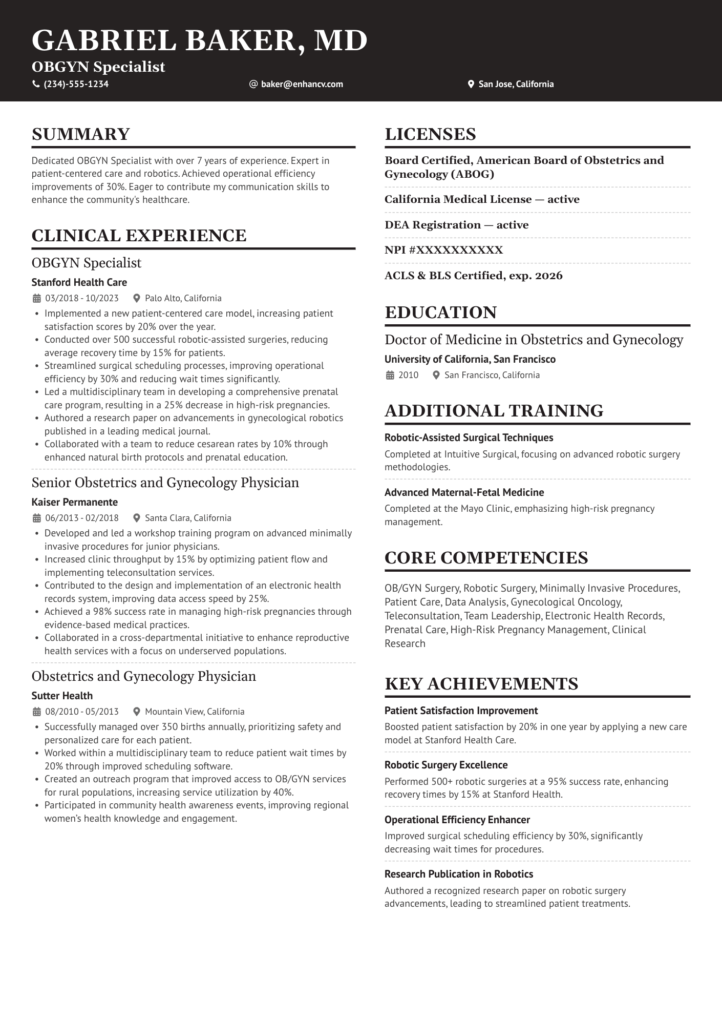 A resume example of a Obstetrics and Gynecology Doctor (OB/GYN)