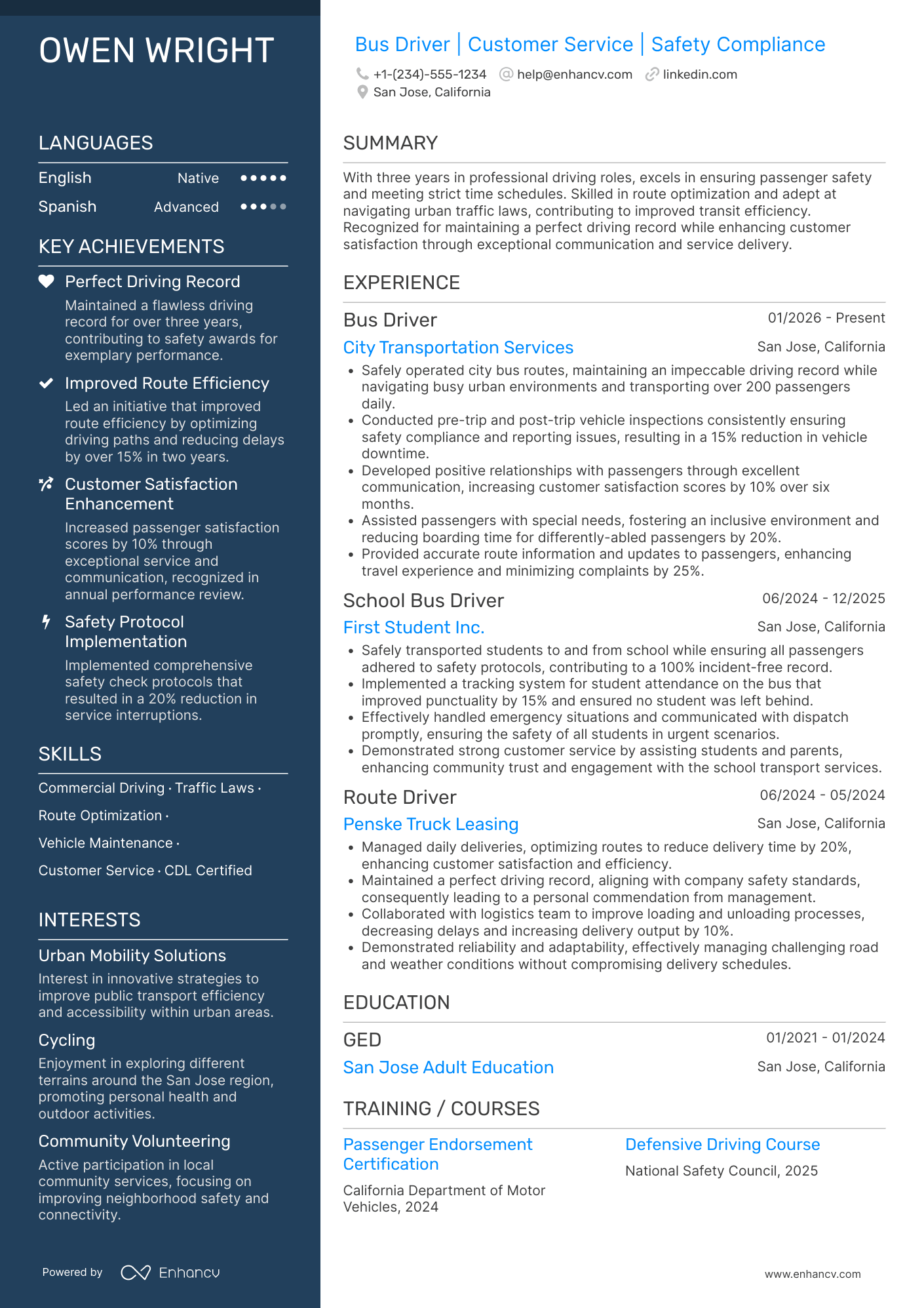 A resume example of a Bus Driver