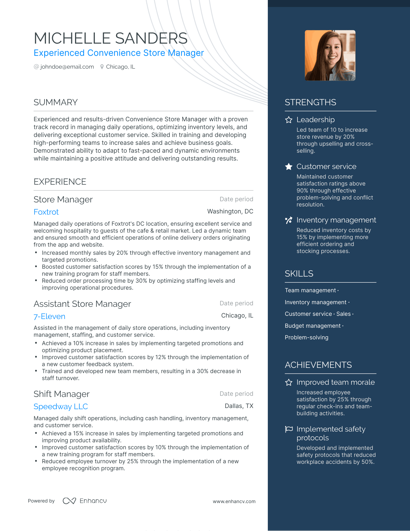 One Page Convenience Store Manager Resume Template