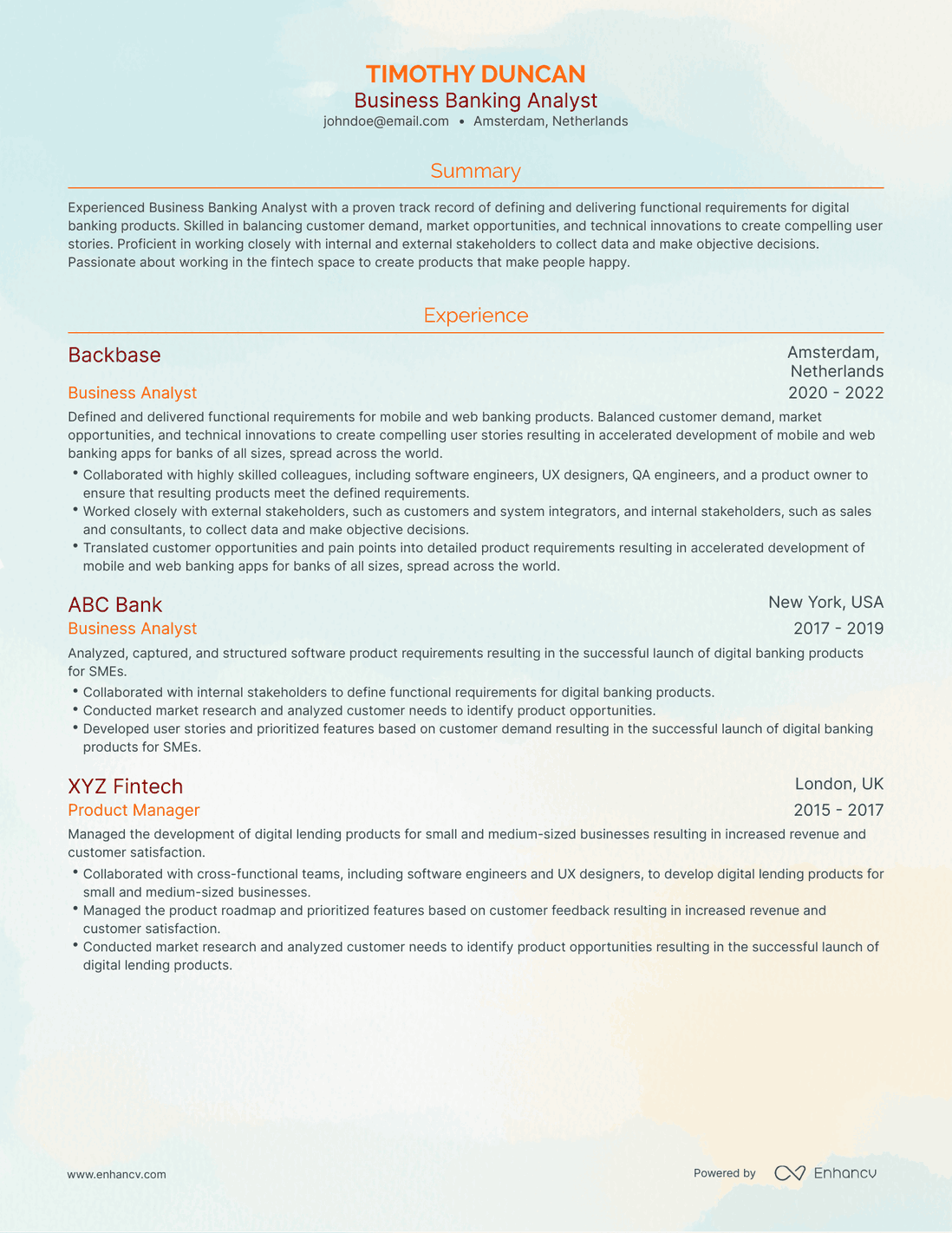 Traditional Banking Business Analyst Resume Template