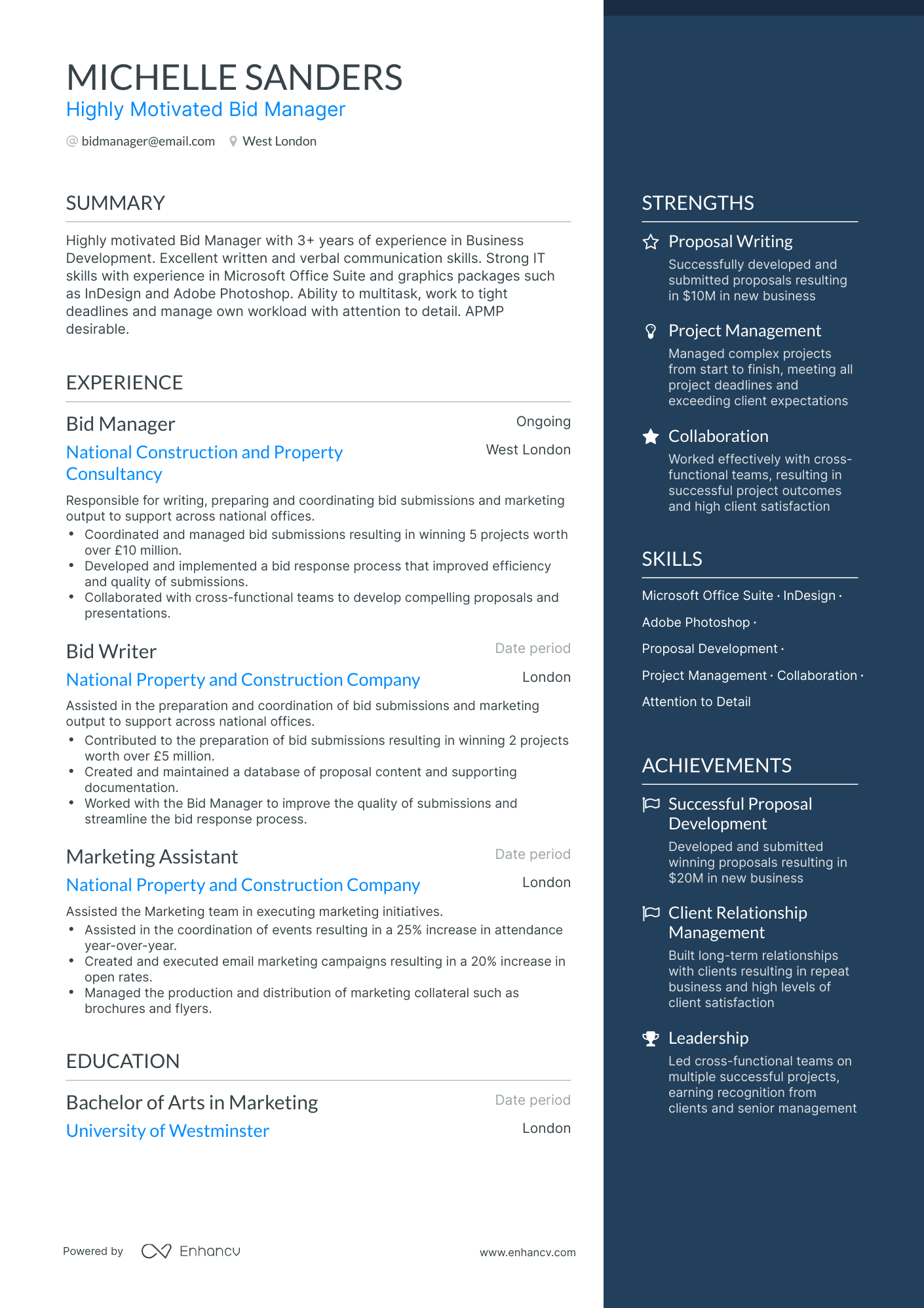One Page Bid Manager Resume Template