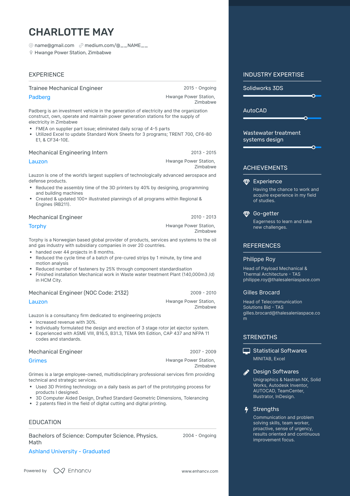 One Page Mechanical Design Engineer Resume Template