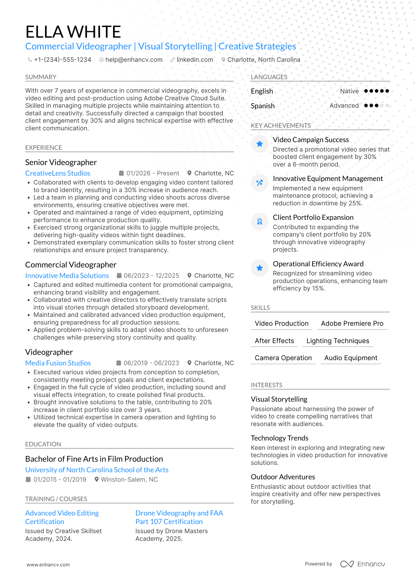 A resume example of a Commercial Videographer