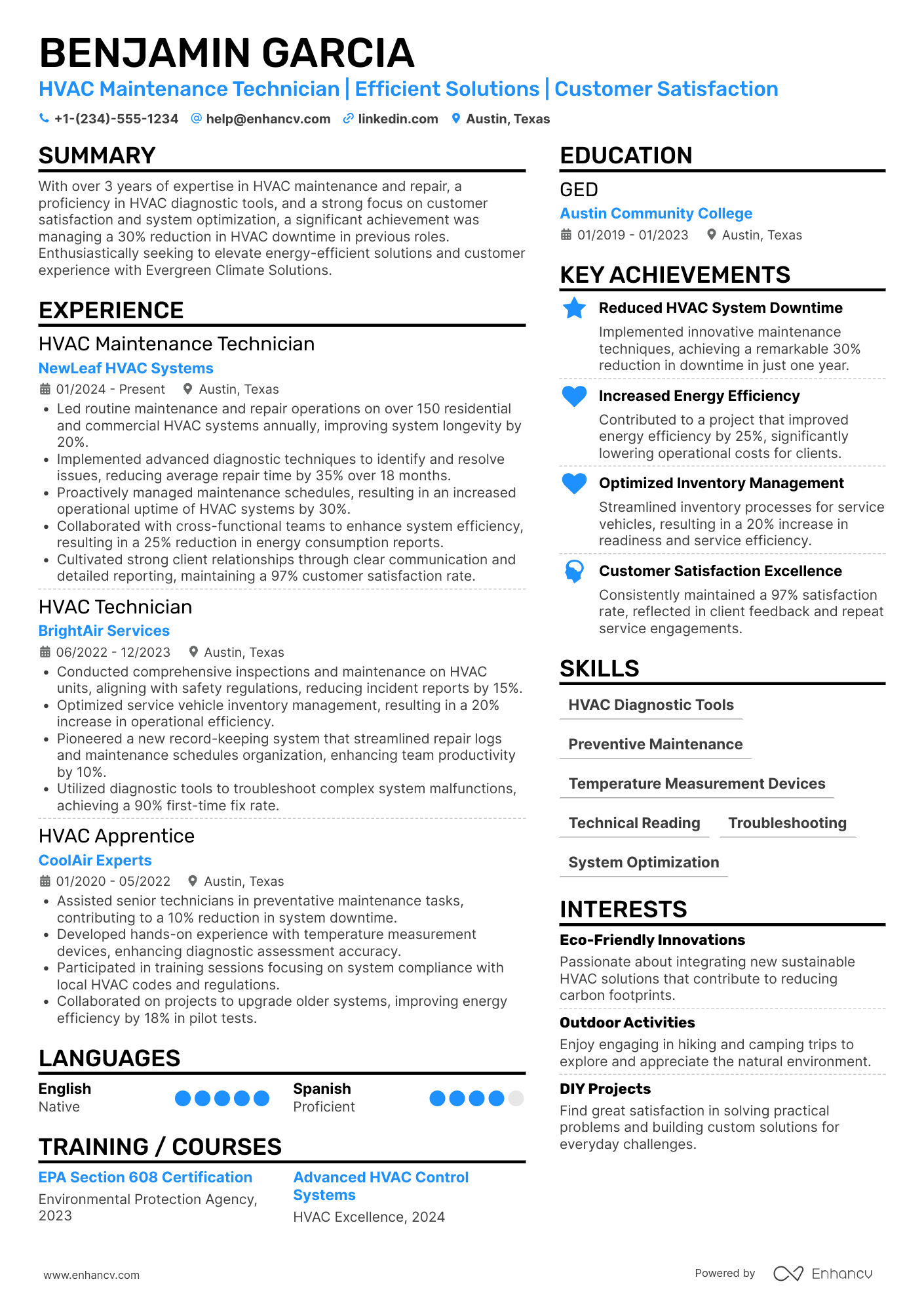 A resume example of a HVAC Maintenance Technician