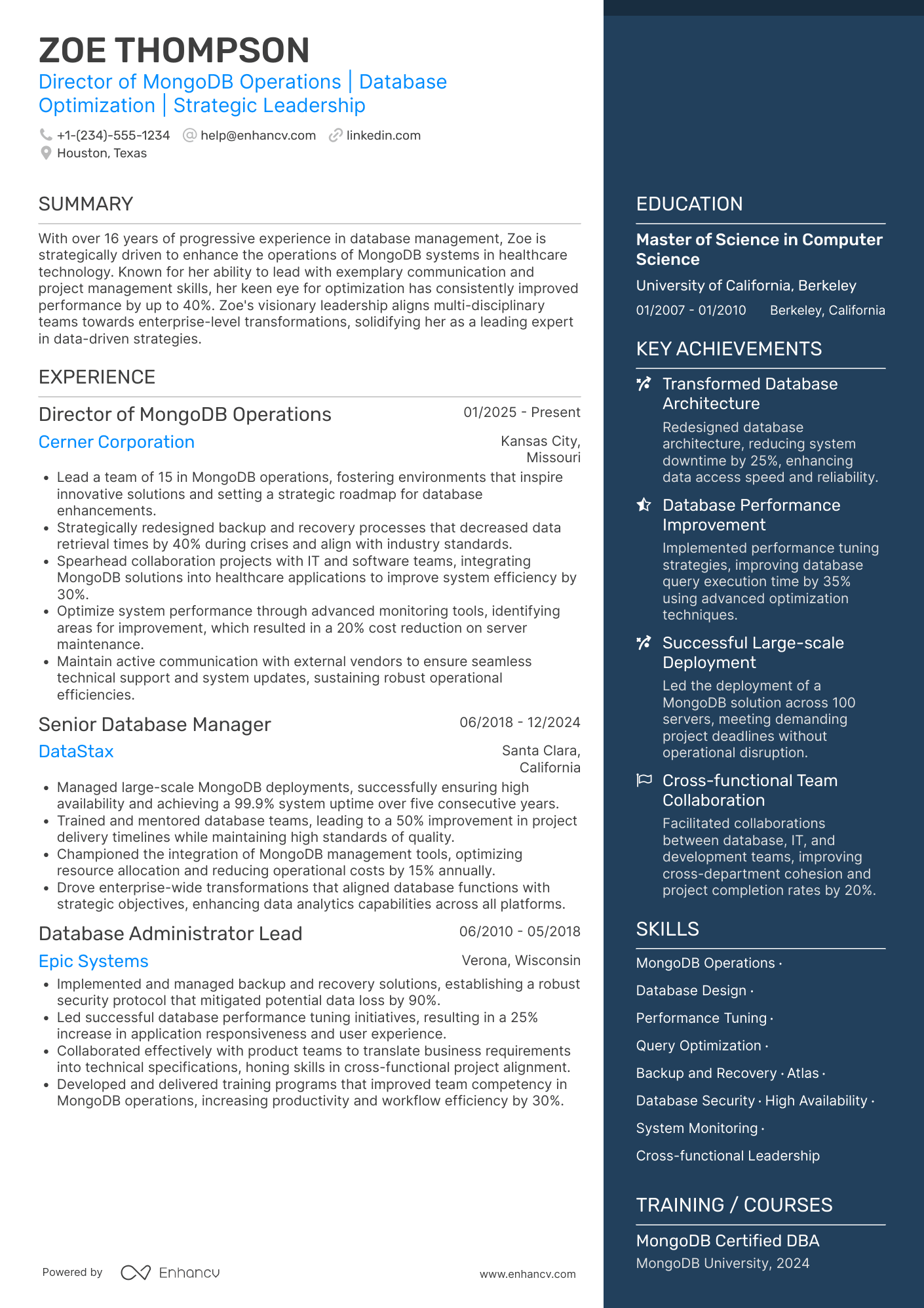 A resume example of a Director of MongoDB Operations