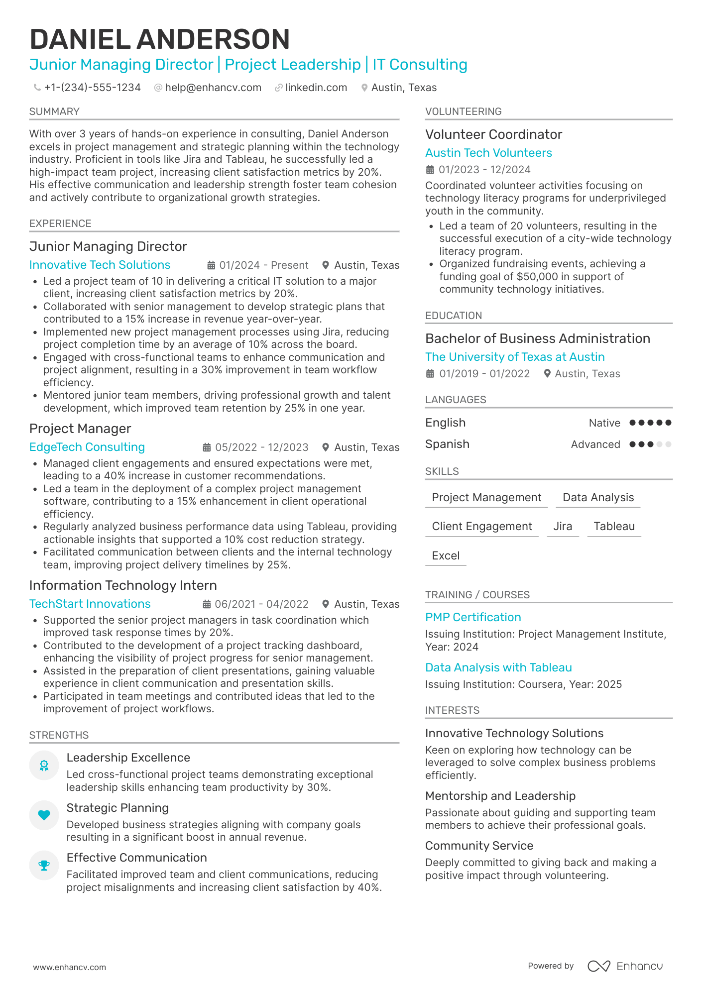 A resume example of a Junior Managing Director