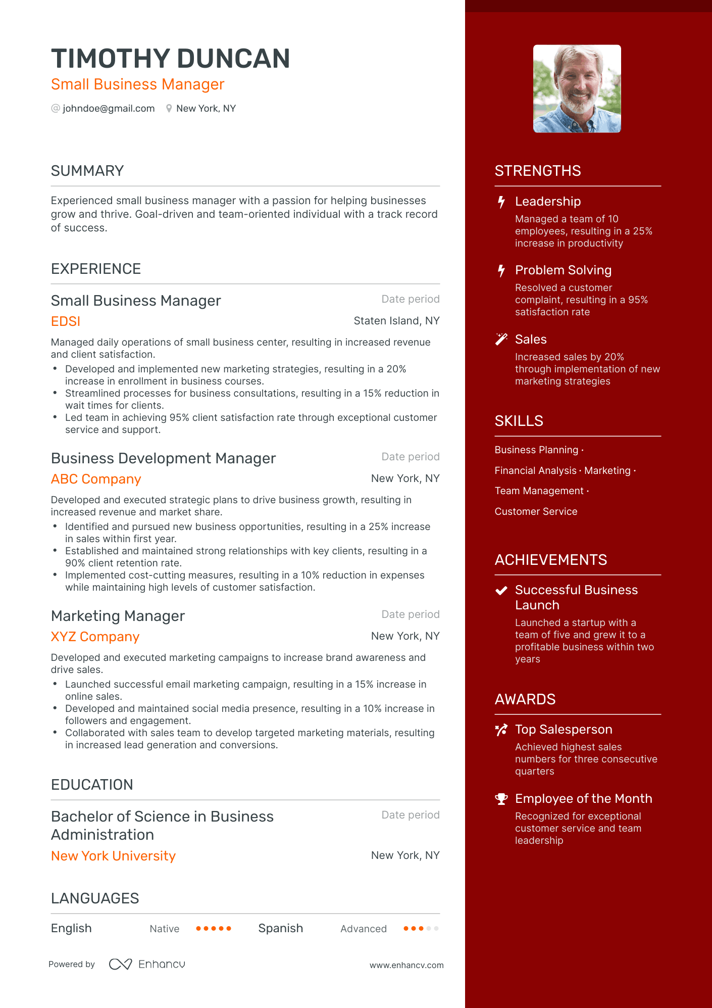 One Page Small Business Manager Resume Template
