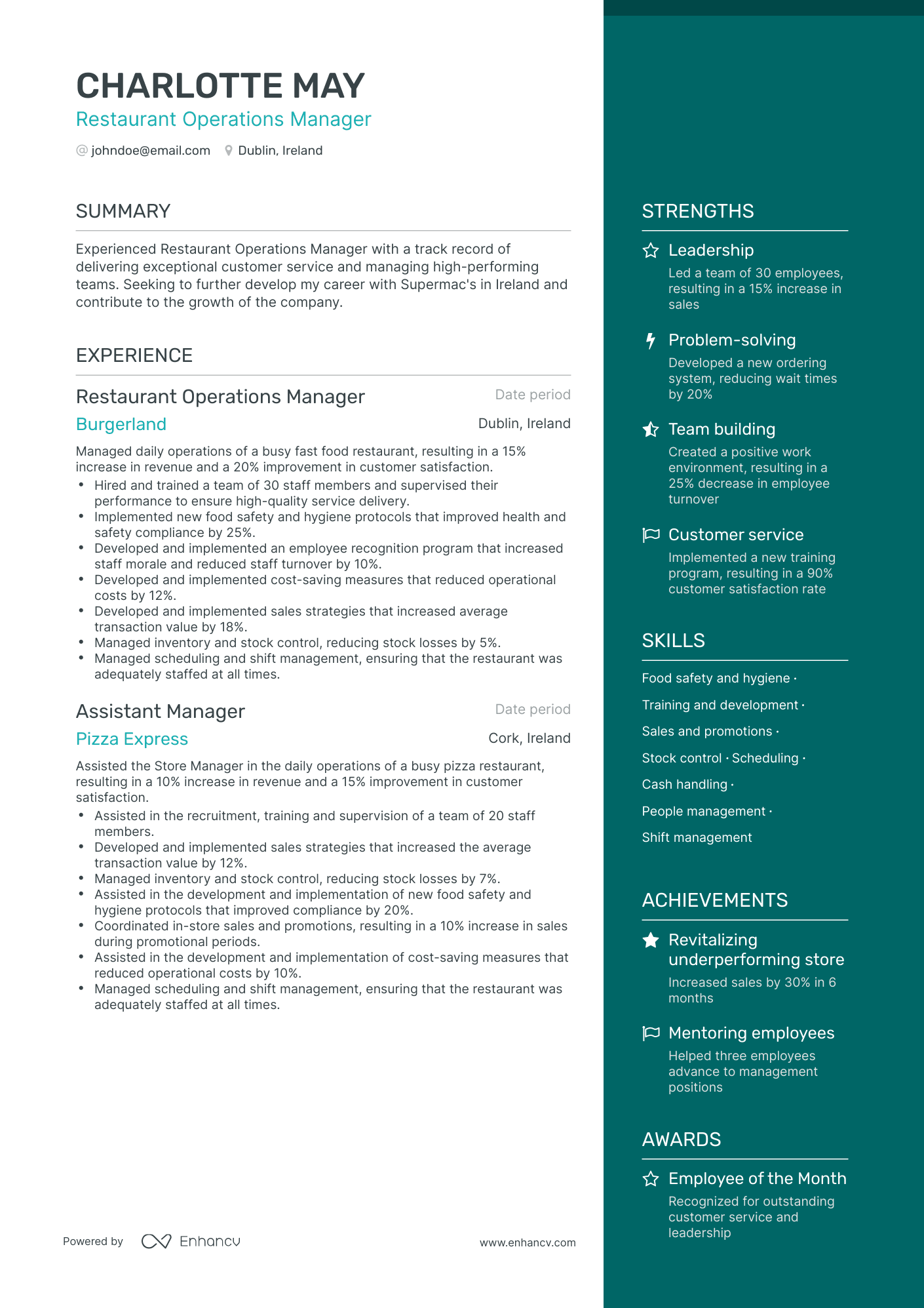One Page Restaurant Operations Manager Resume Template