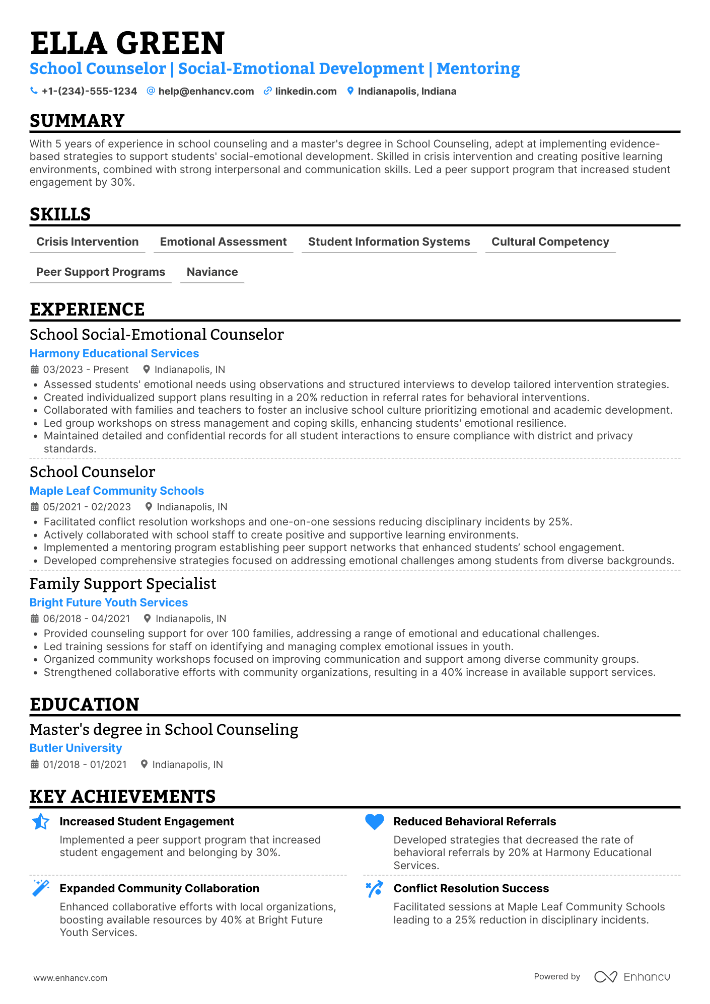 A resume example of a School Social Emotional Counselor