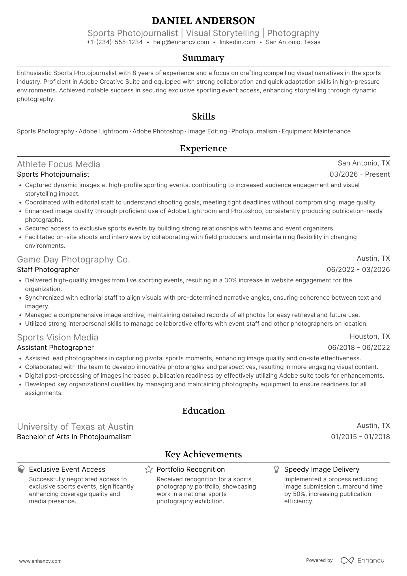 A resume example of a Sports Photojournalist