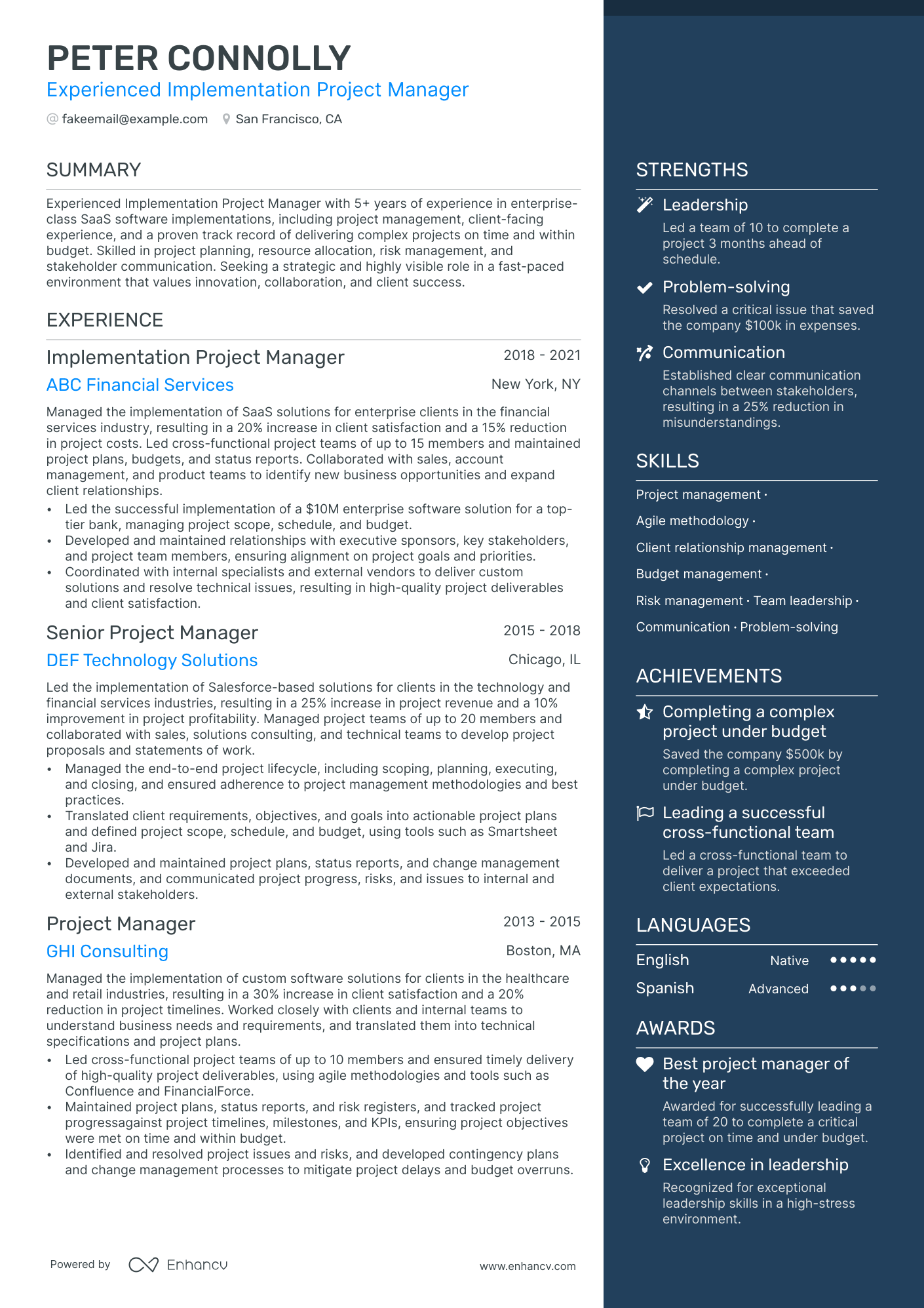 project manager job resume