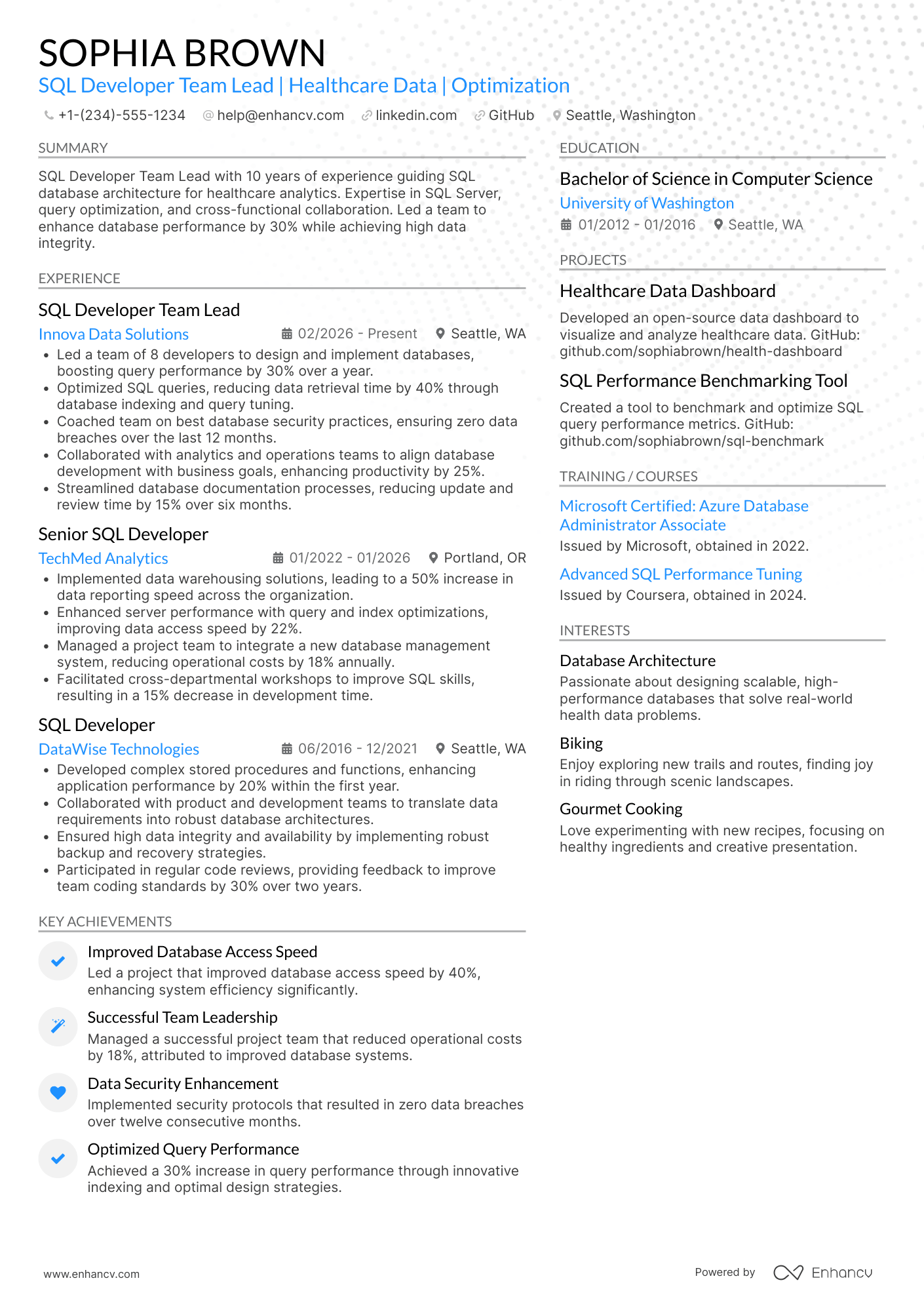 A resume example of a SQL Developer Team Lead