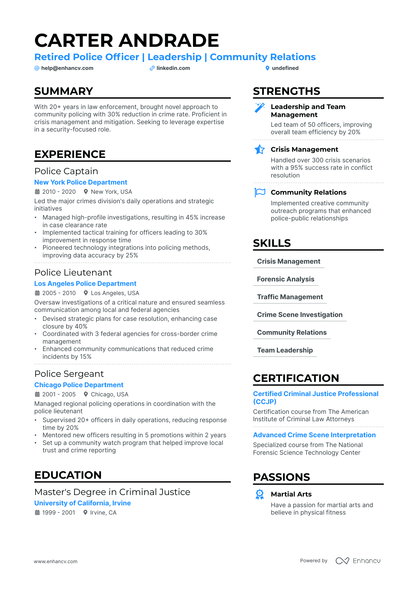 A resume example of a Retired Police Officer