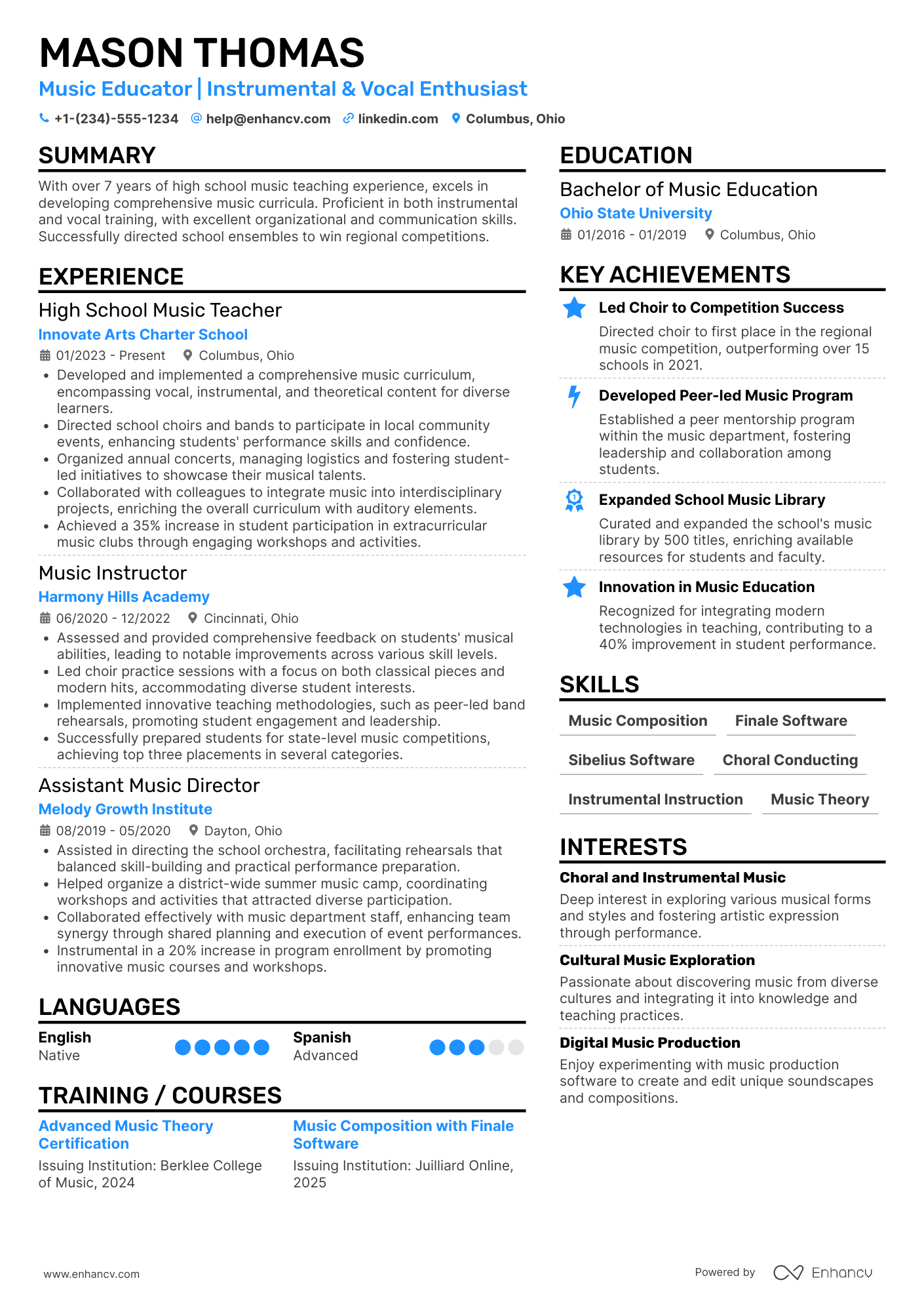 A resume example of a High School Music Teacher