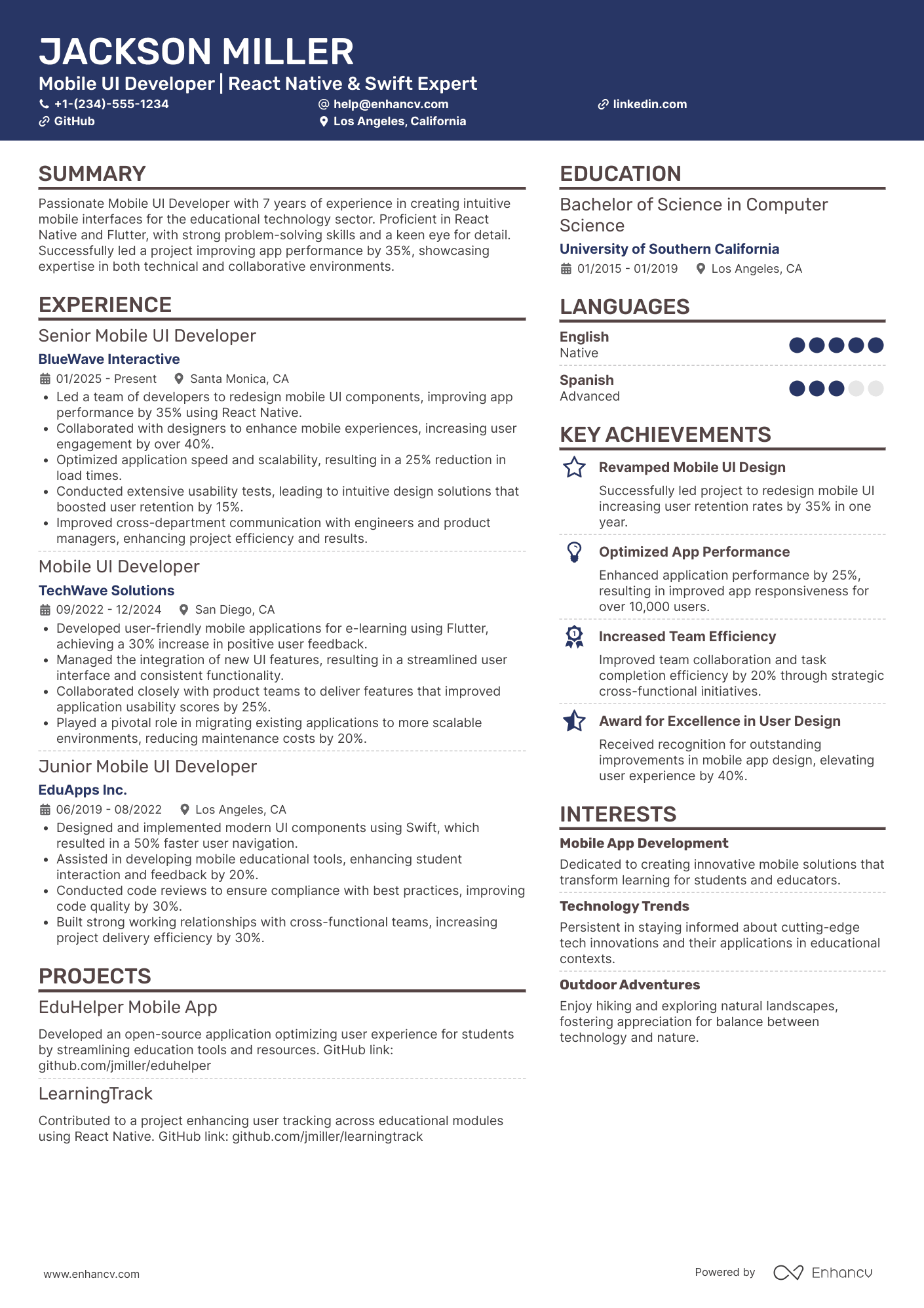 A resume example of a Mobile UI Developer