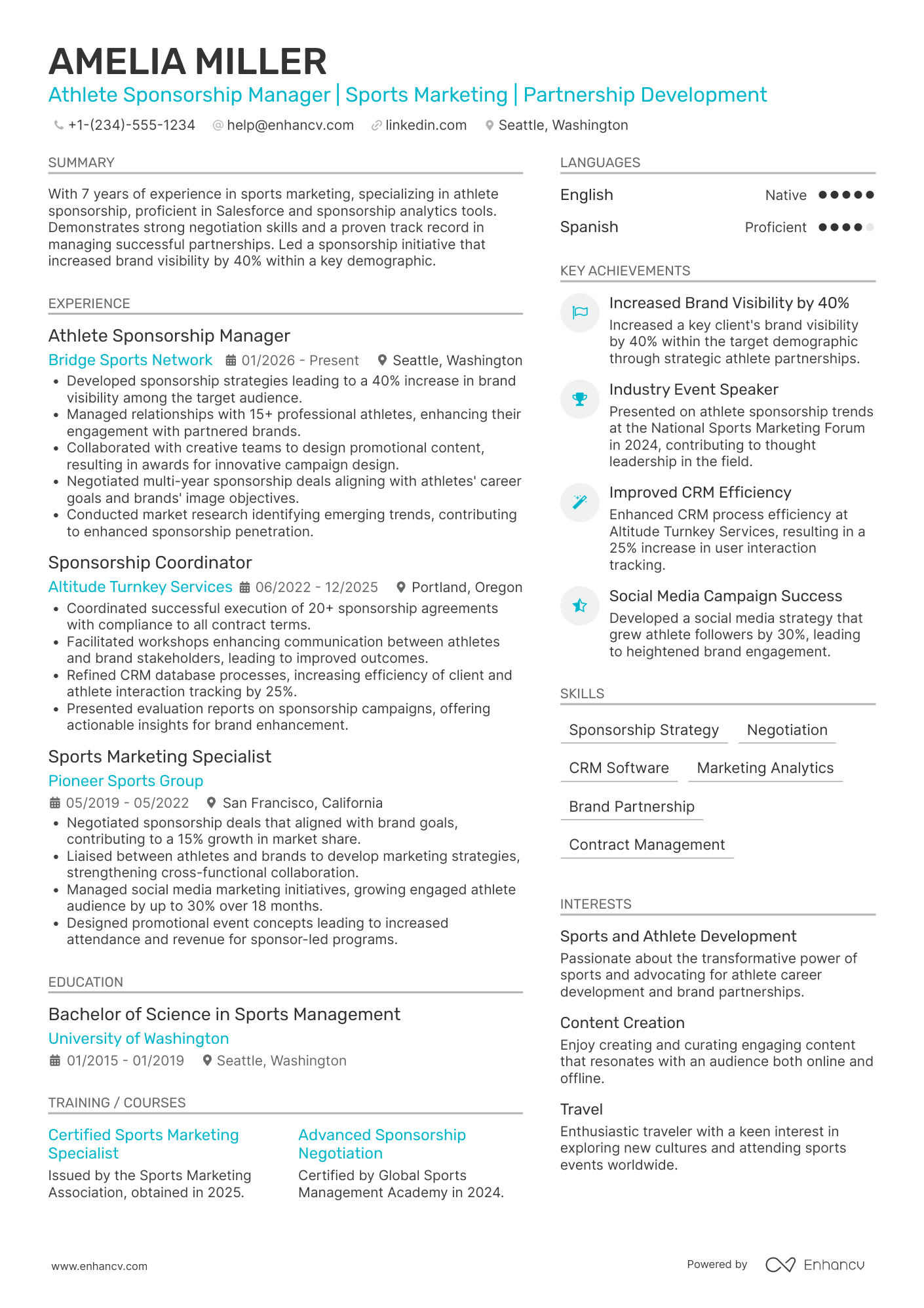 A resume example of a Athlete Sponsorship Manager