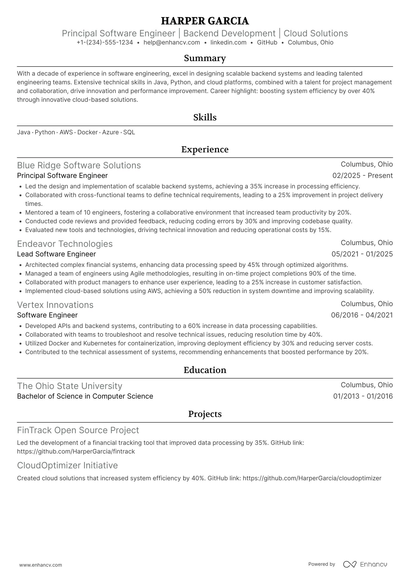 A resume example of a Principal Software Engineer