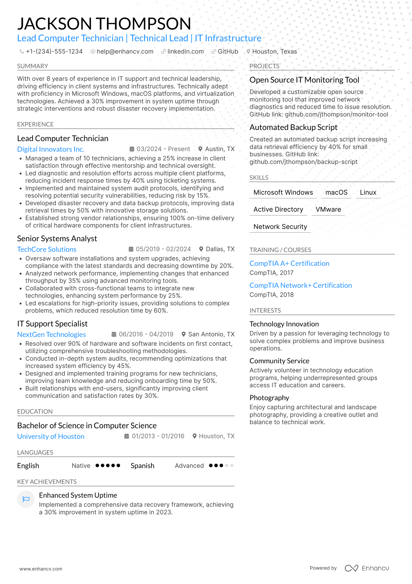 A resume example of a Lead Computer Technician