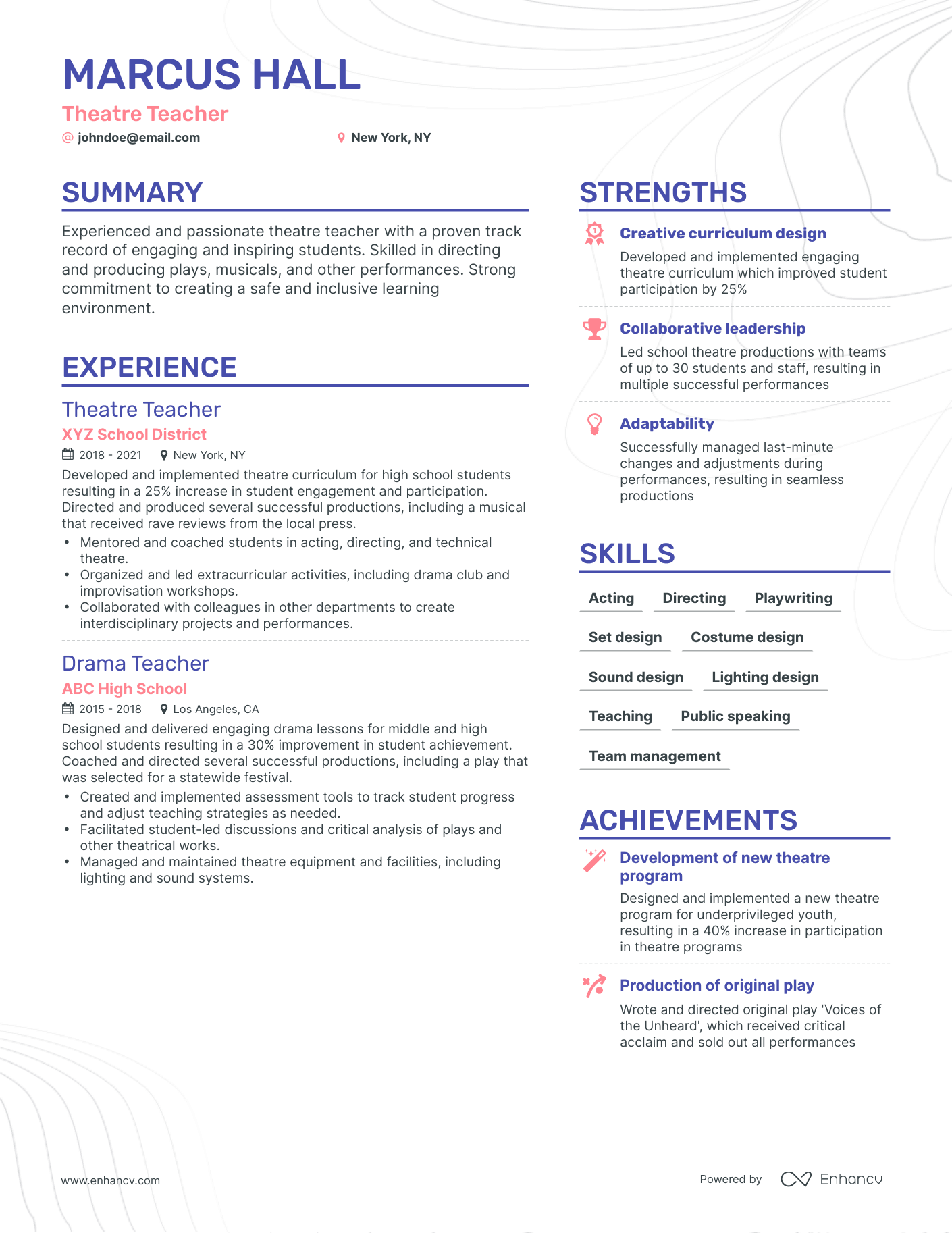 Simple Theatre Teacher Resume Template