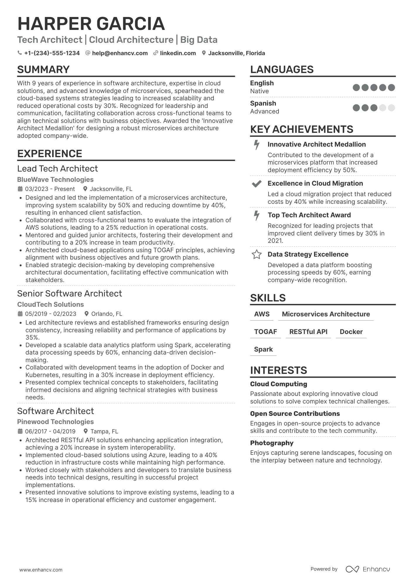 A resume example of a Tech Architect