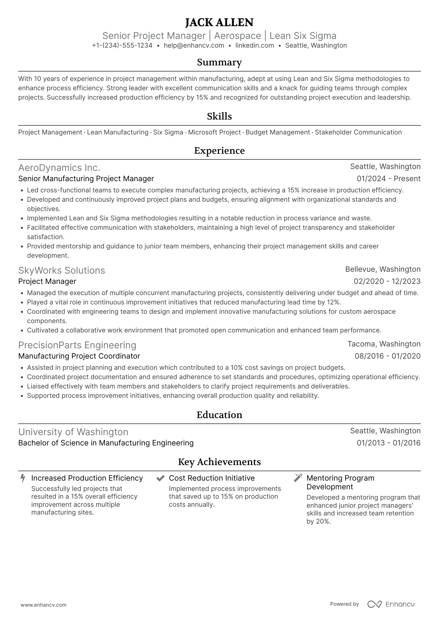 A resume example of a Senior Manufacturing Project Manager