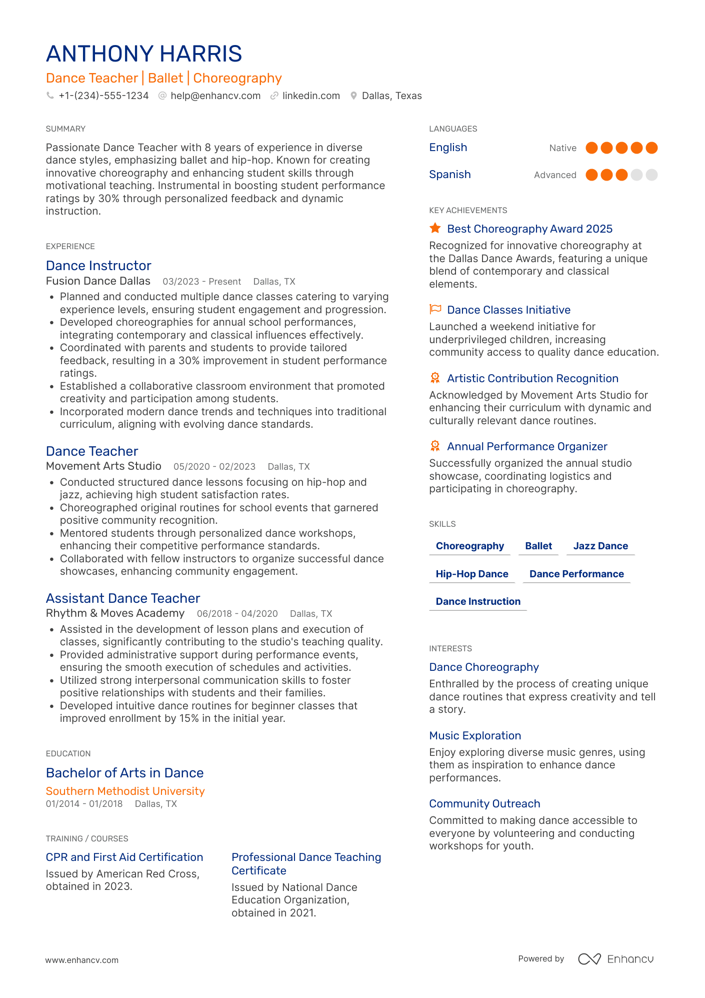 A resume example of a Dance Teacher
