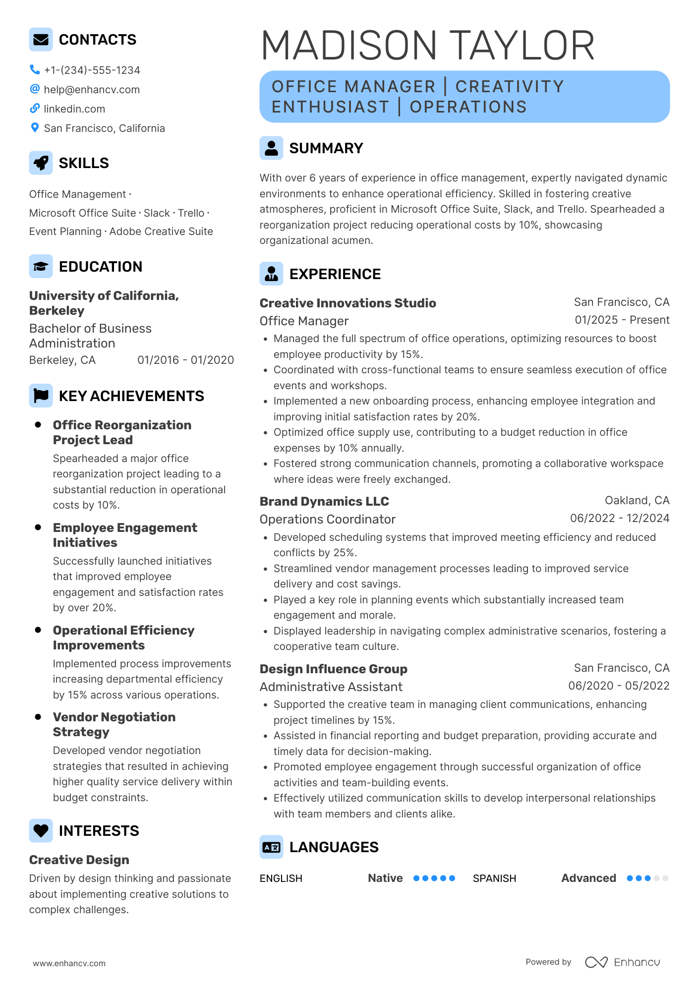 A resume example of a Creative Office Manager