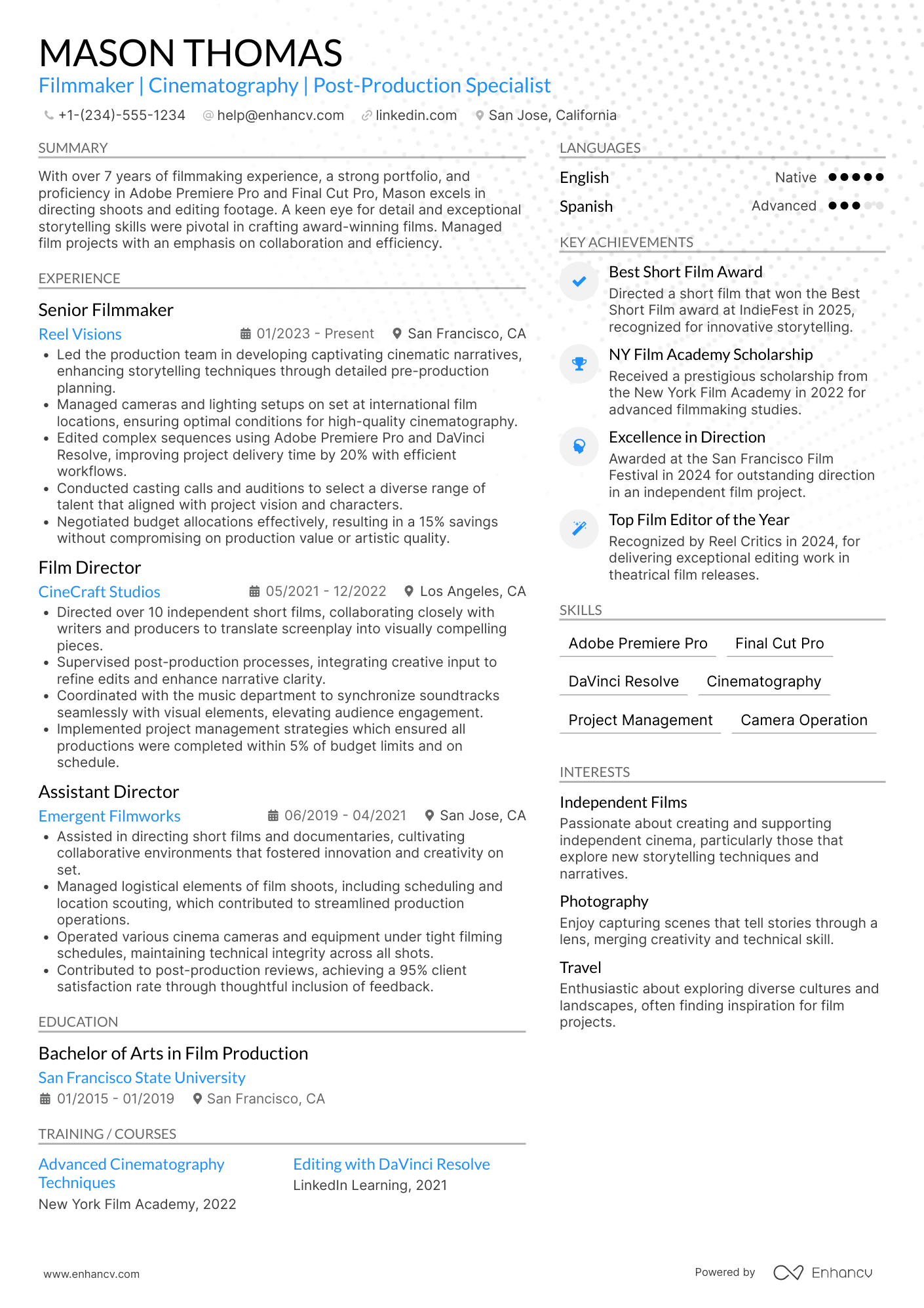 A resume example of a Freelance Filmmaker