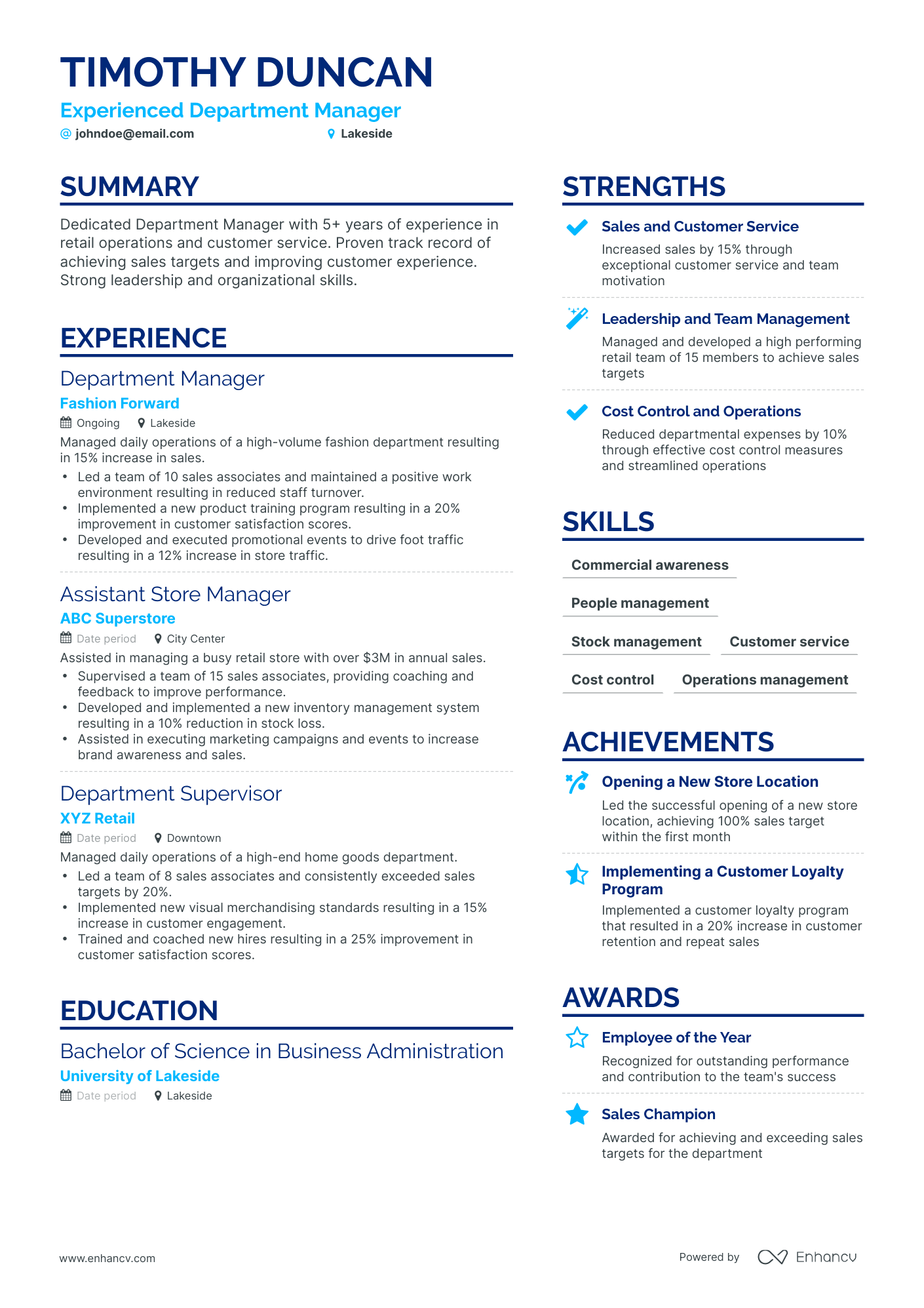 Simple Department Manager Resume Template