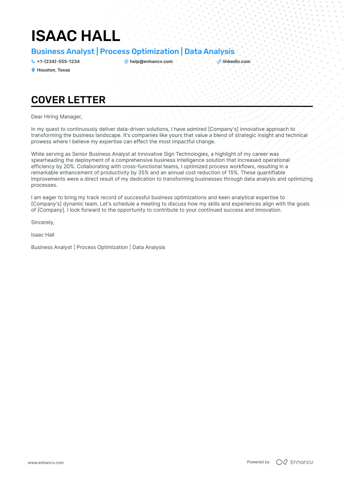 cover letter sample business analyst