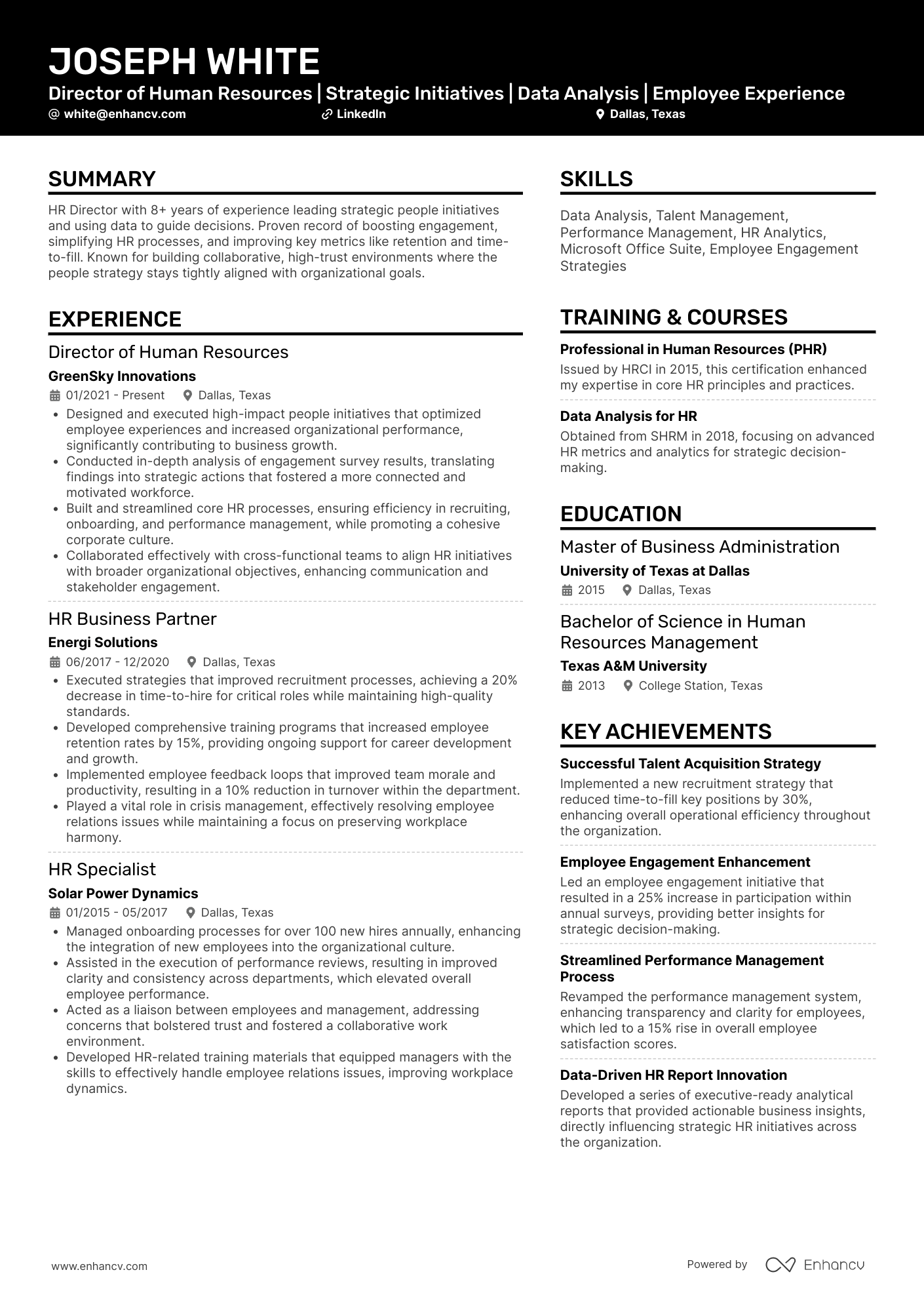 A resume example of a HR Director (Head of HR)