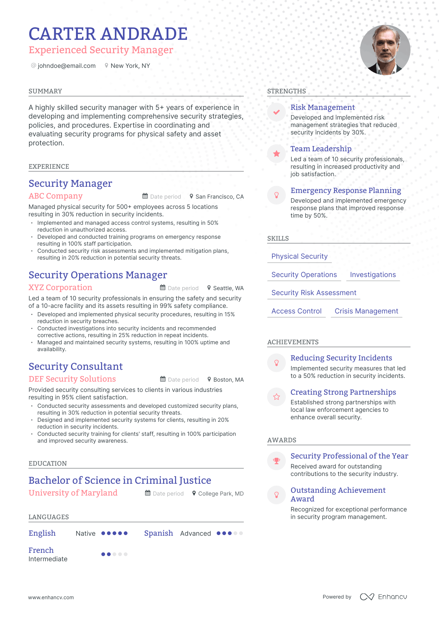 Modern Security Manager Resume Template