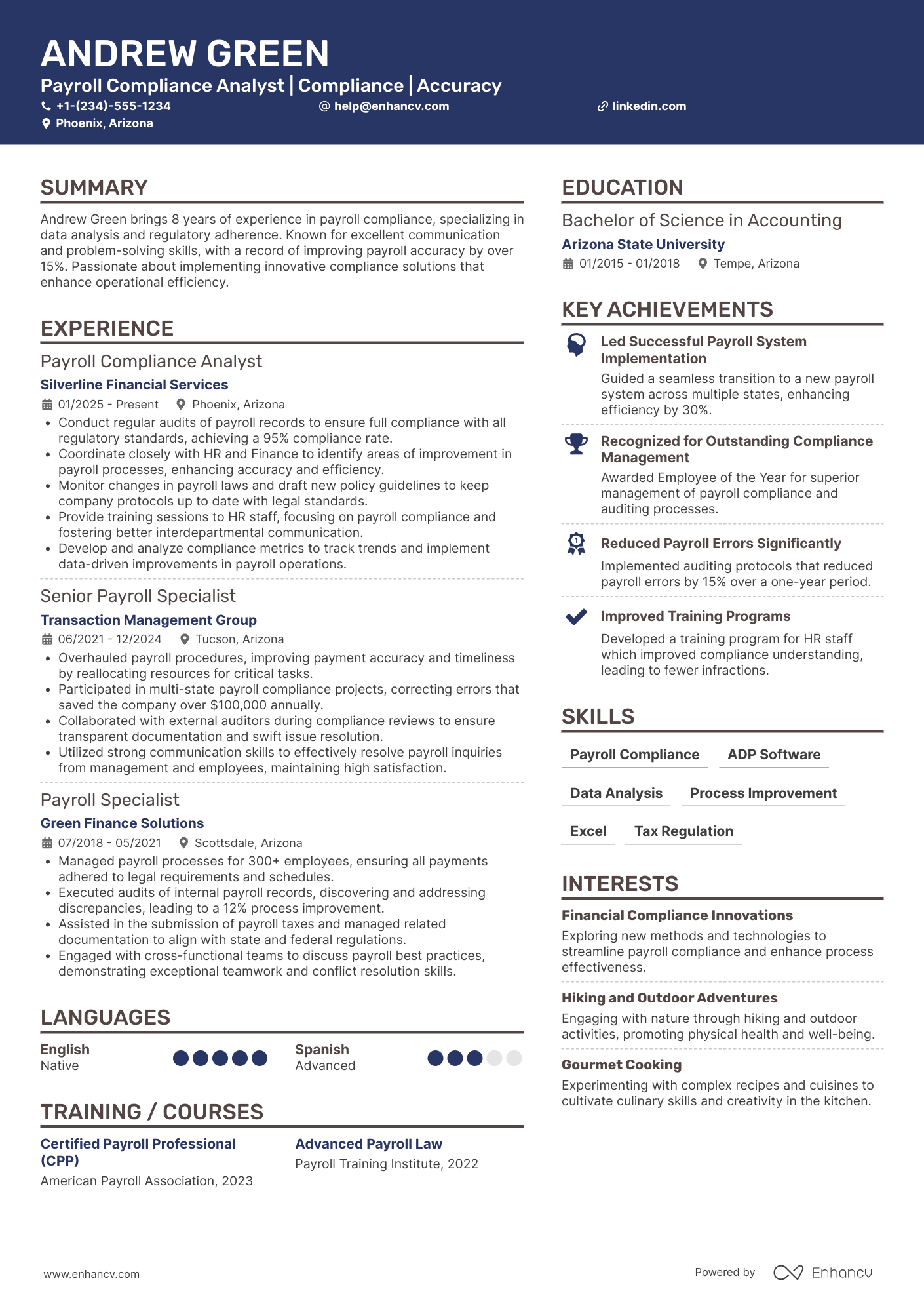 A resume example of a Payroll Compliance Analyst