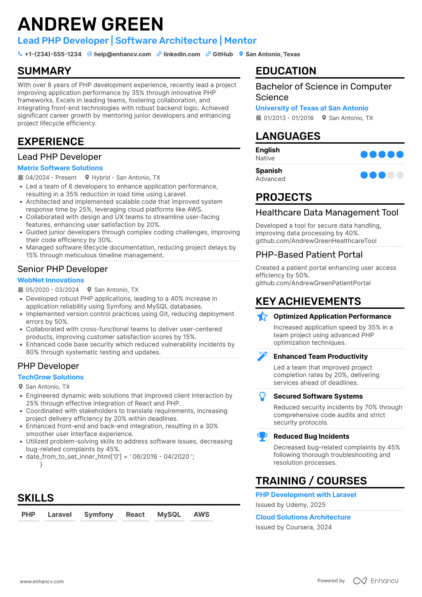 A resume example of a Lead PhP Developer