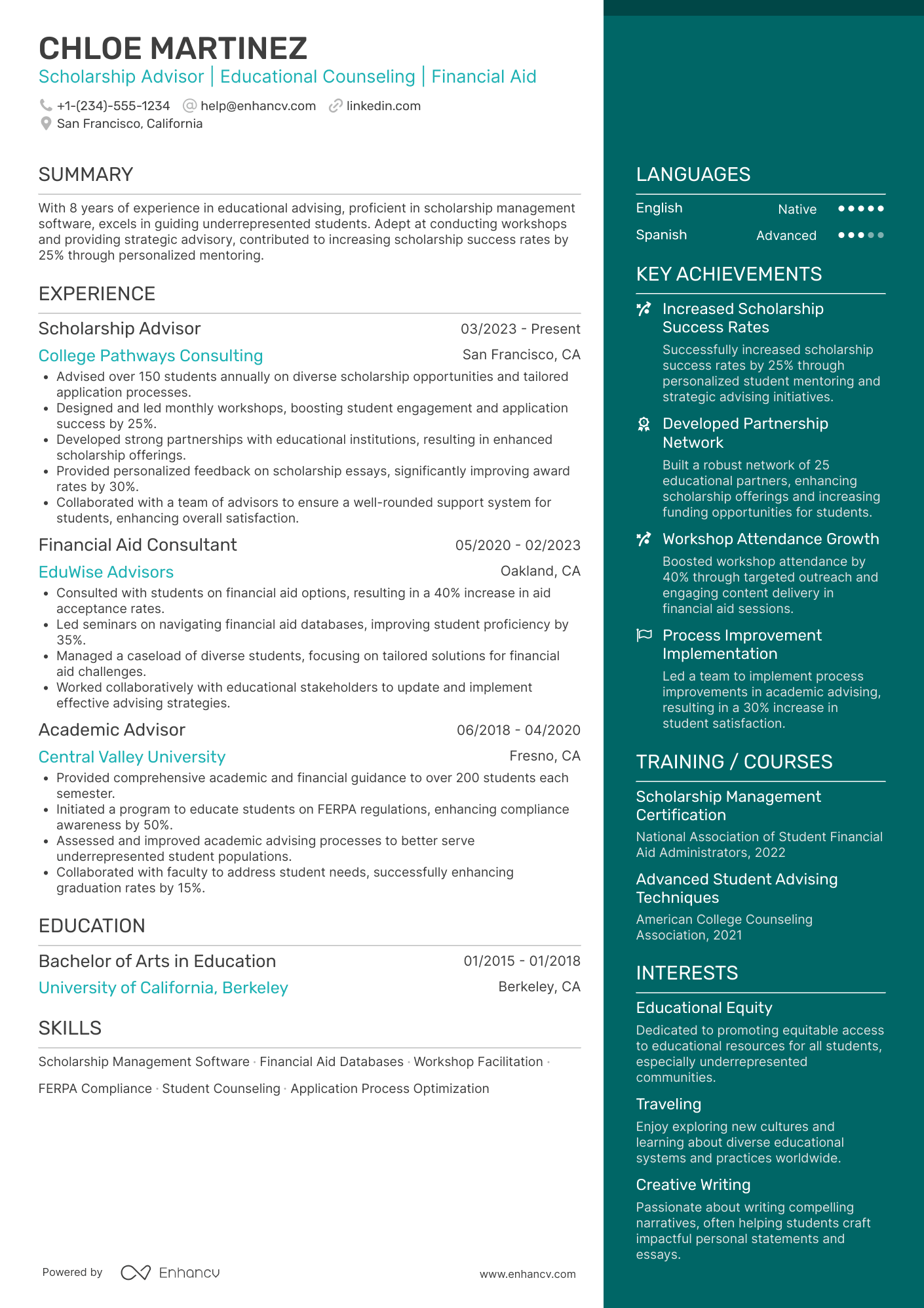 A resume example of a Scholarship Advisor