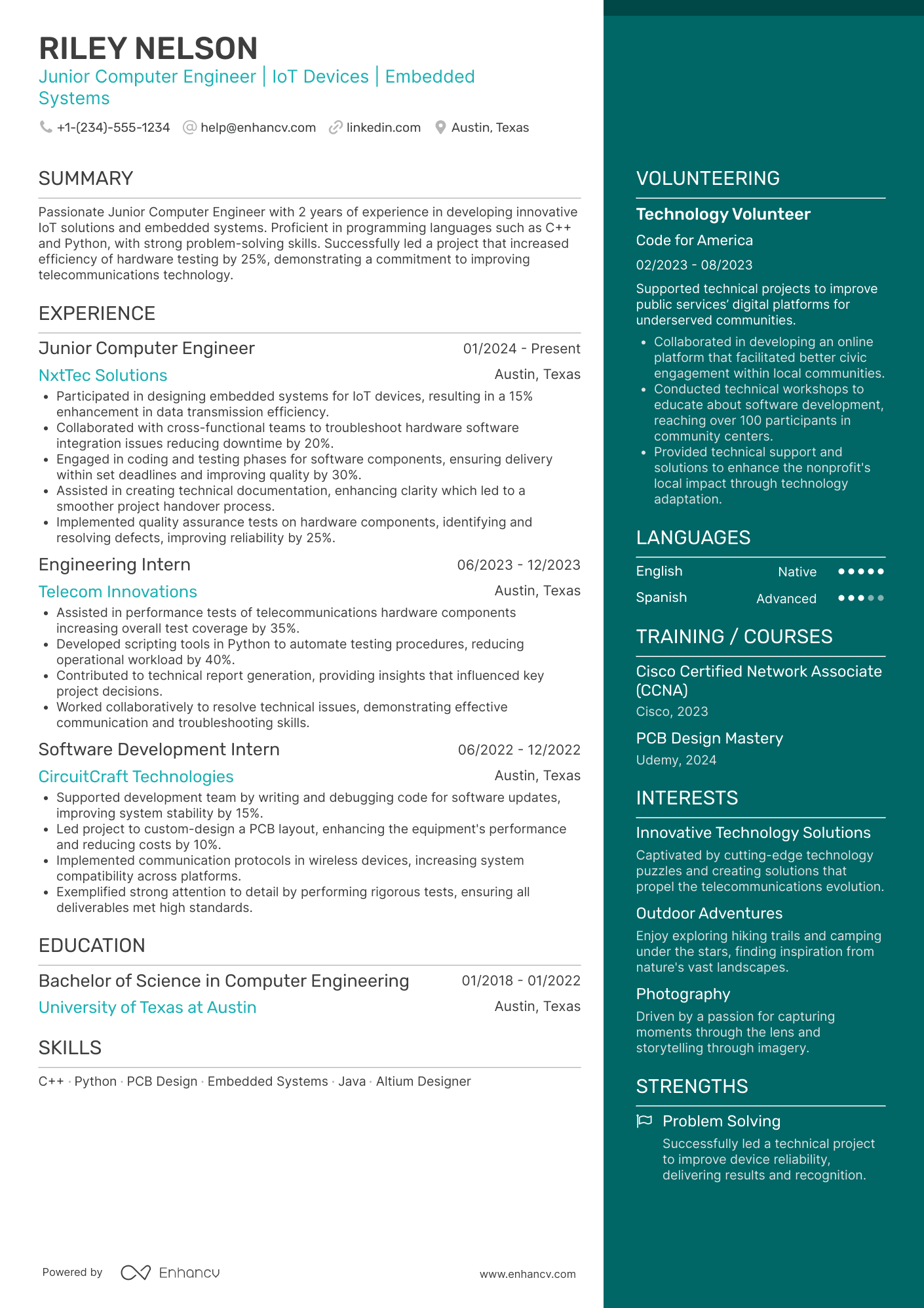 A resume example of a Junior Computer Engineer