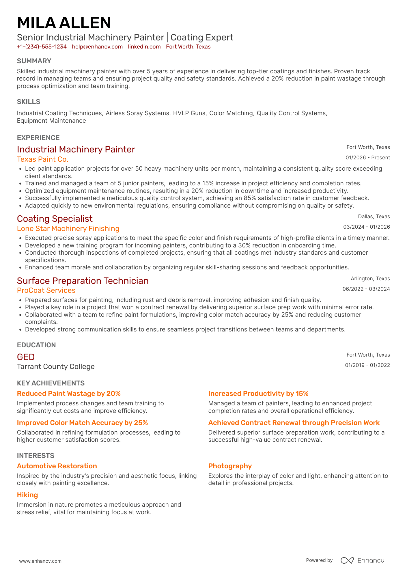 A resume example of a Senior Industrial Machinery Painter