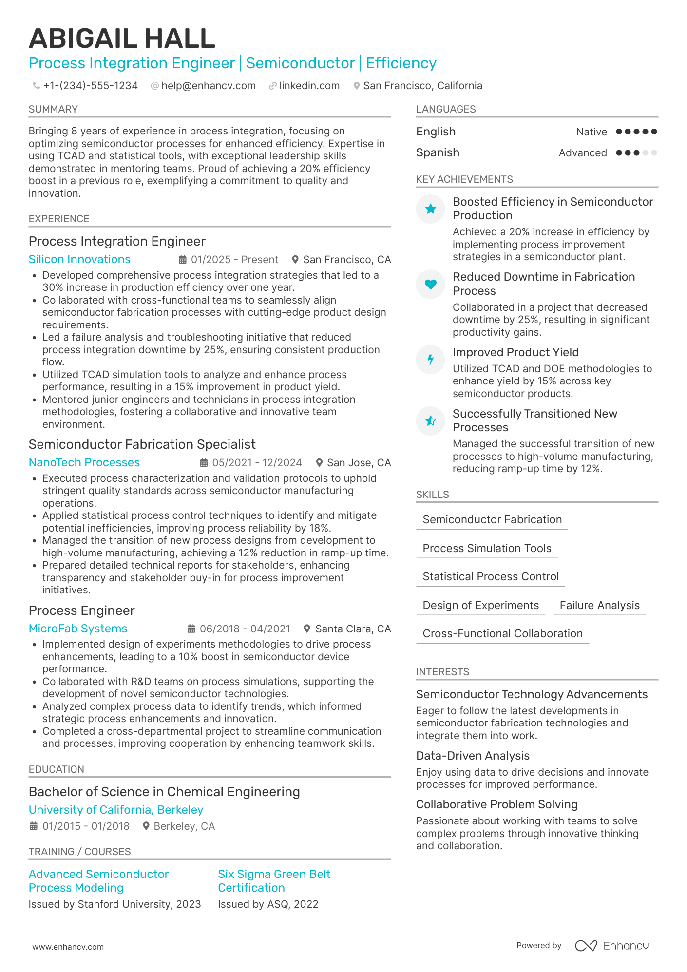 A resume example of a Process Integration Engineer