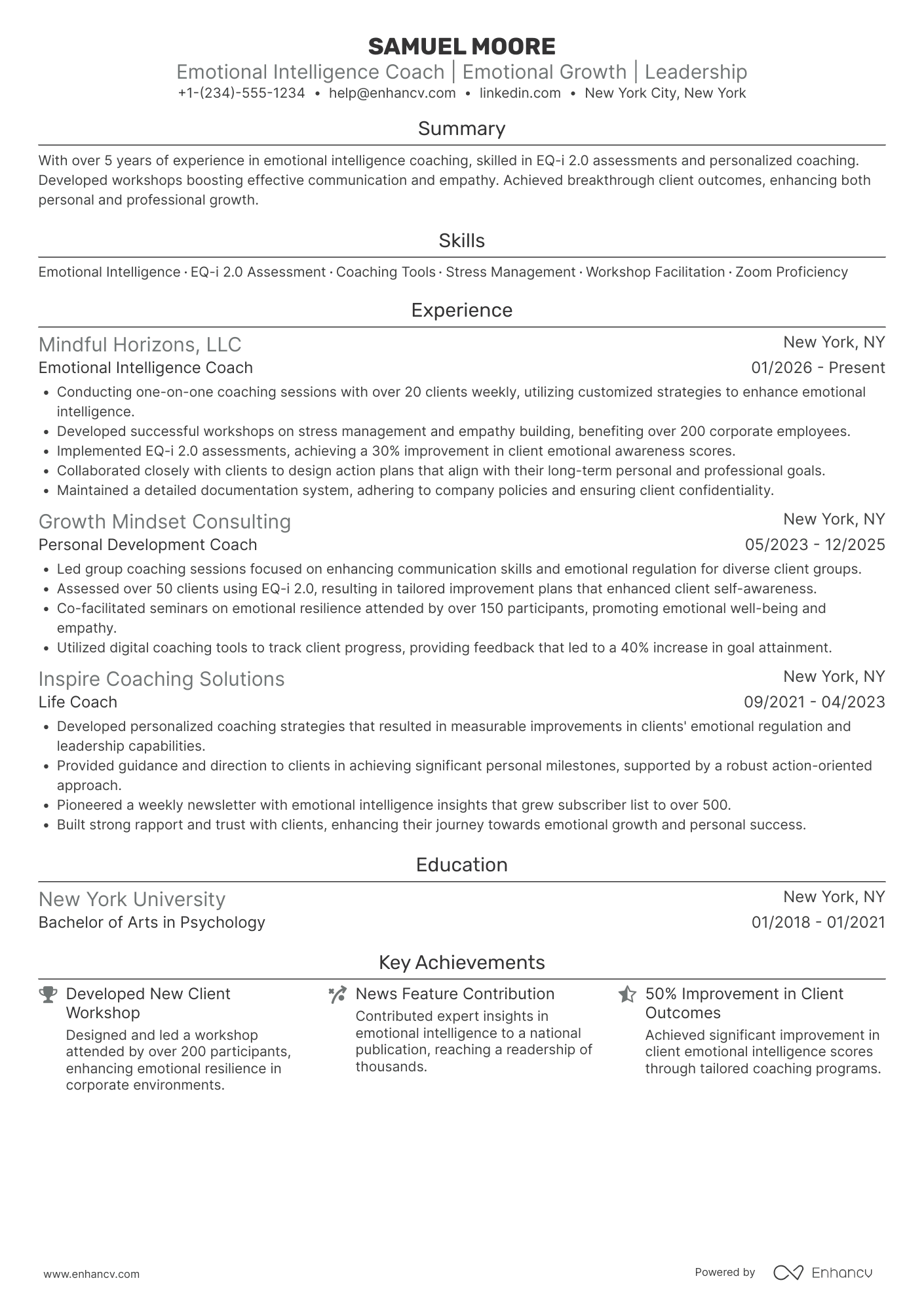 A resume example of a Emotional Intelligence Life Coach