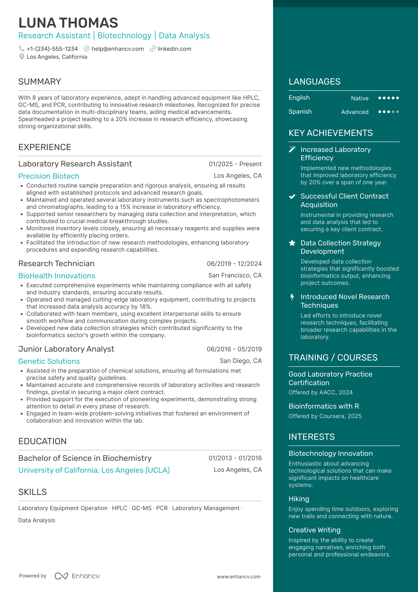 A resume example of a Laboratory Research Assistant