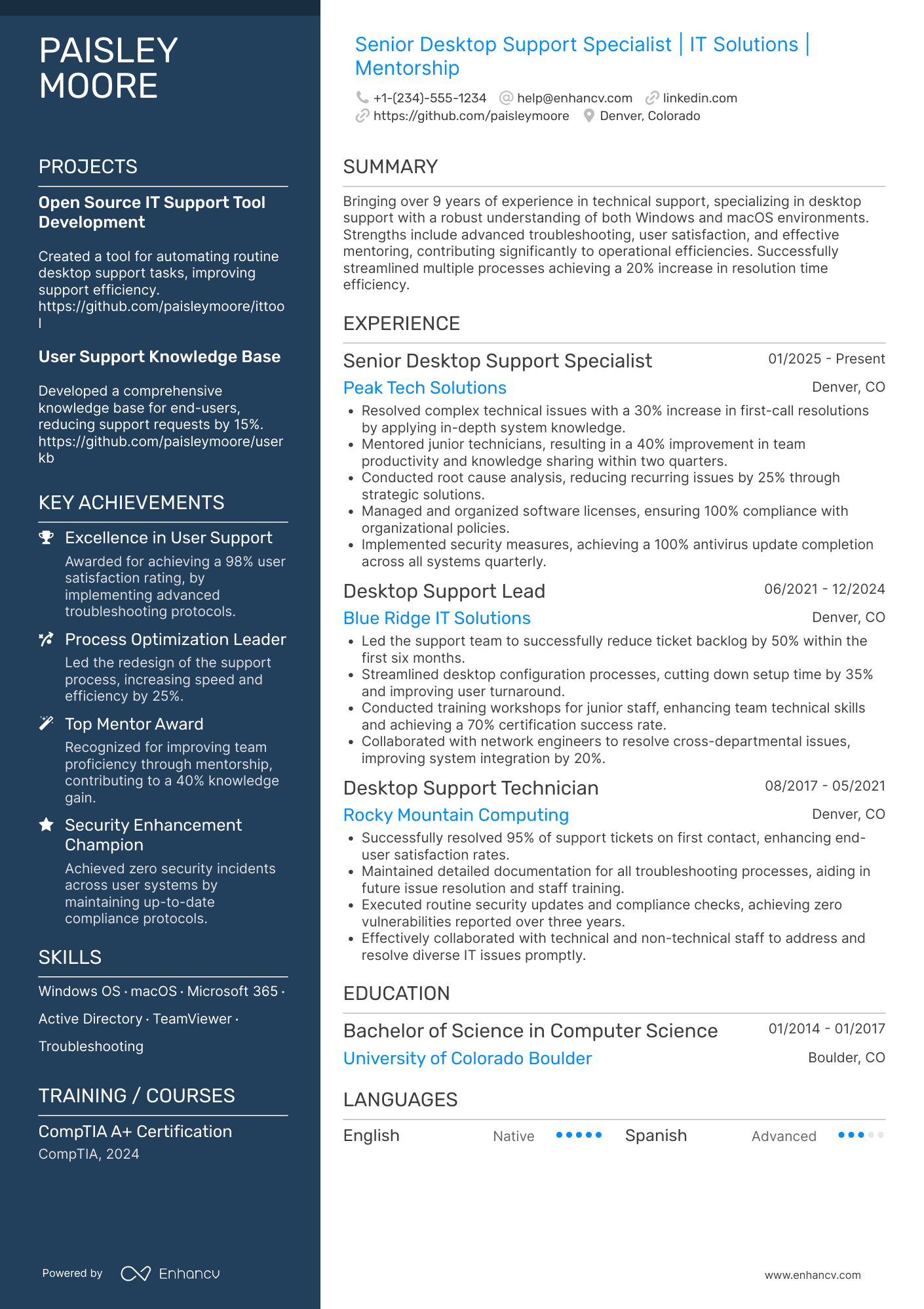 A resume example of a Senior Desktop Support Specialist