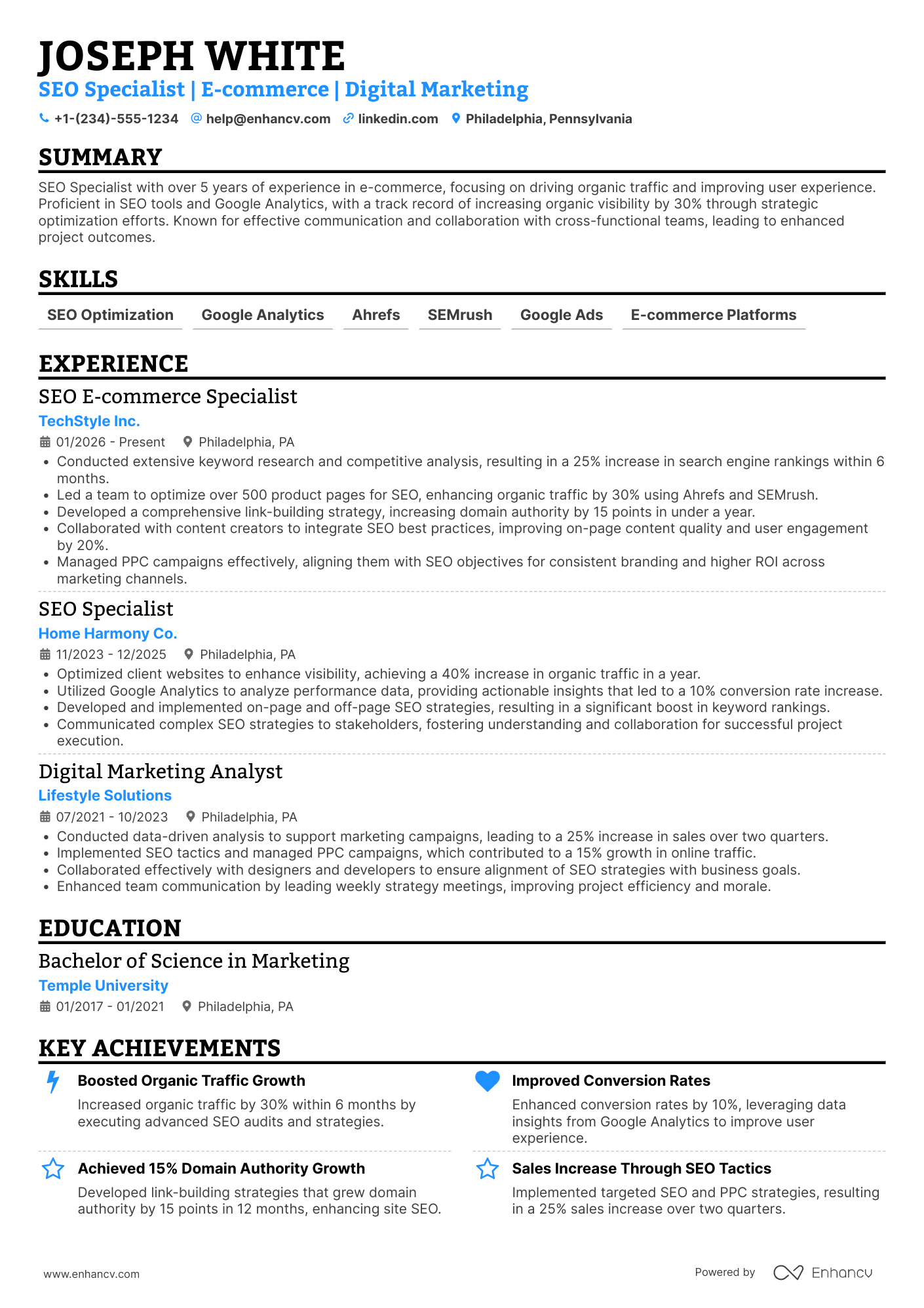 A resume example of a SEO E commerce Specialist