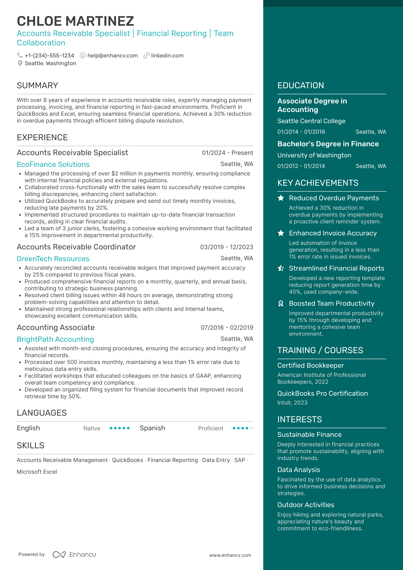 A resume example of a Accounts Receivable Clerk